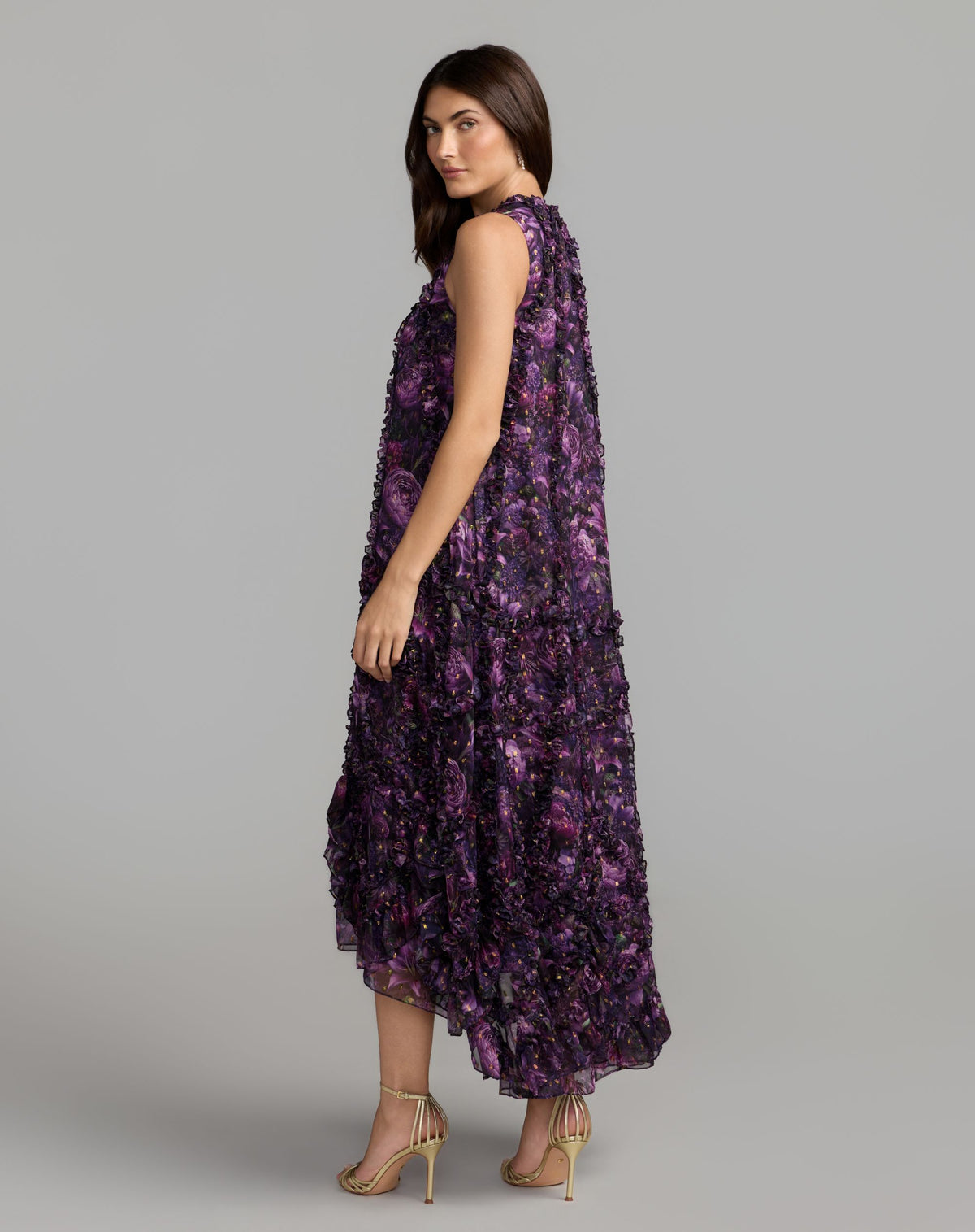 Petite Purple Sleeveless Floral Micro Ruffle Trapeze Midi Dress - Mac Duggal