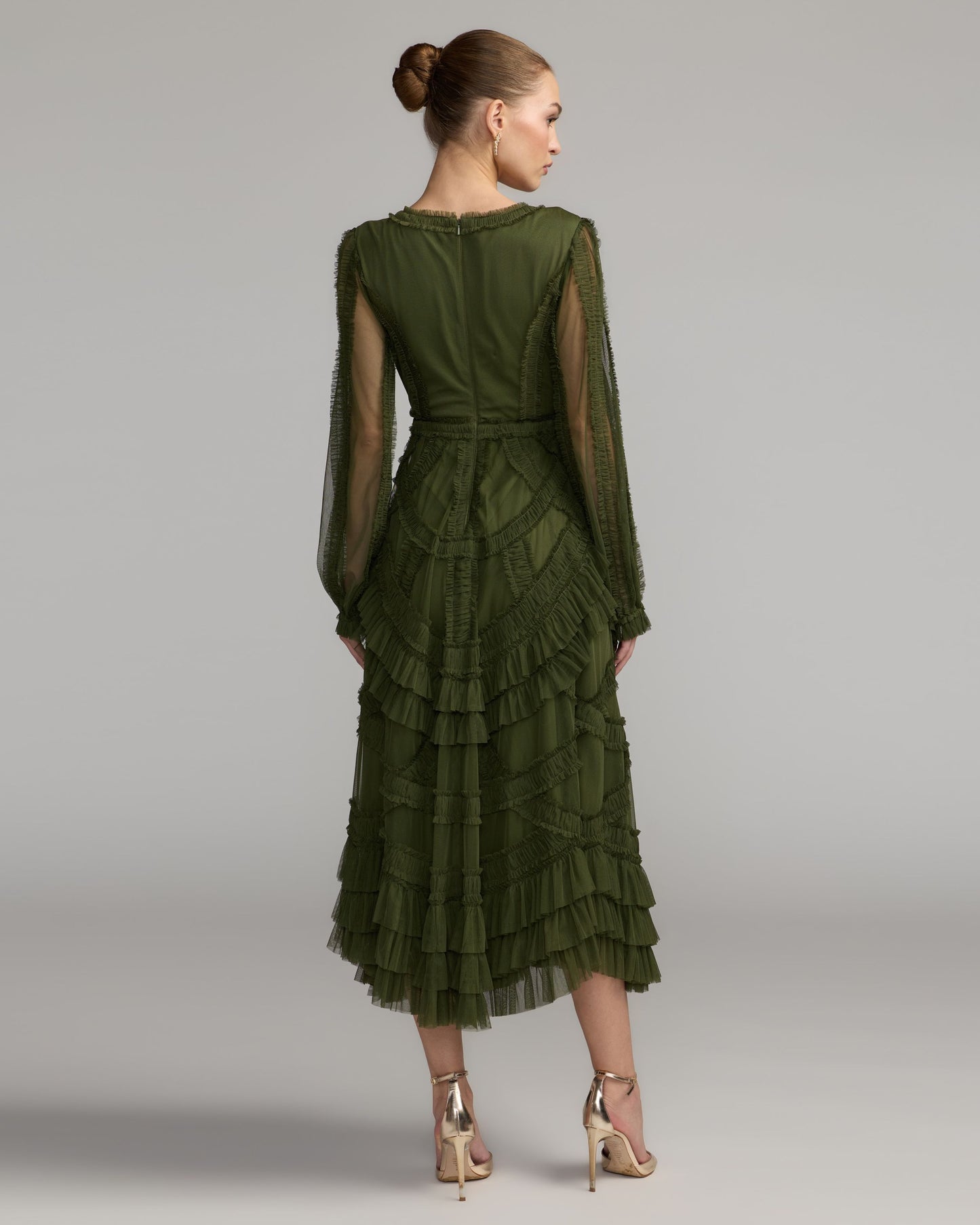 Petite Green Long Sleeve V-Neck Micro Ruffle Midi Dress Mac Duggal