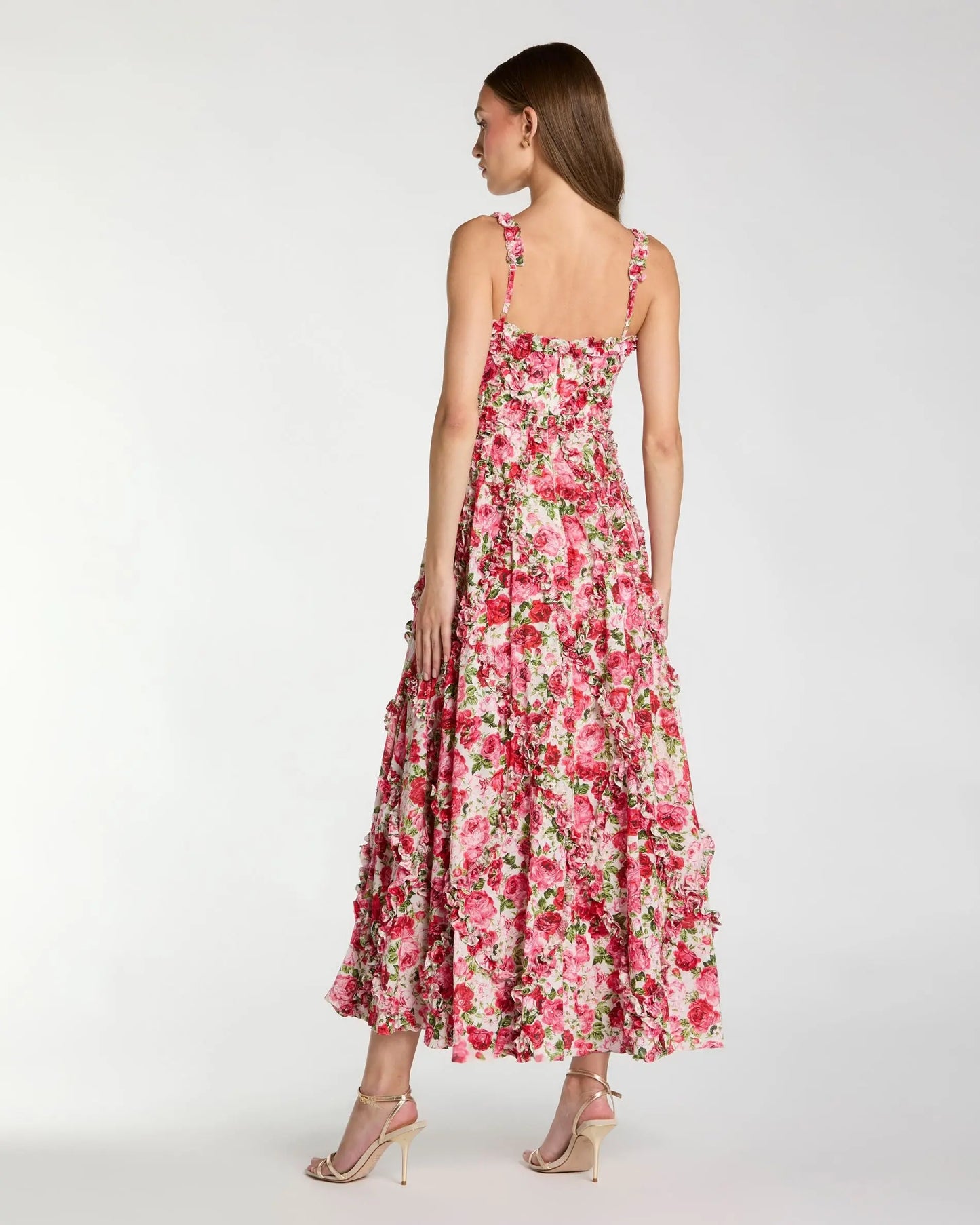 Petite Pink Ruffle Scoop Neck Floral A-Line Dress Mac Duggal