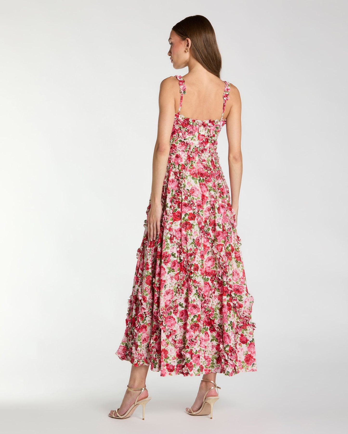 Petite Pink Ruffle Scoop Neck Floral A-Line Dress Mac Duggal