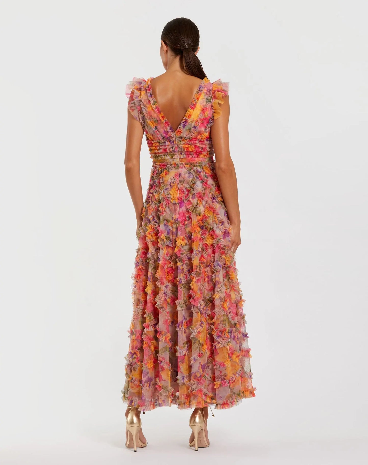 Petite Multicolor Floral V-Neck Ruffle Maxi Dress - Mac Duggal