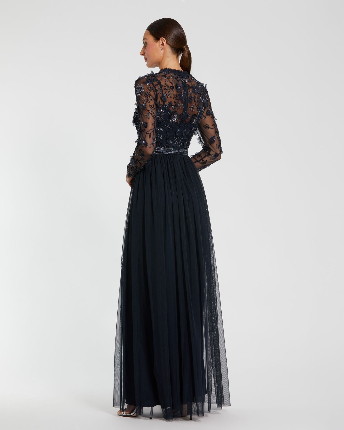 Petite Navy Embellished Illusion High Neck Long Sleeve Gown Mac Duggal