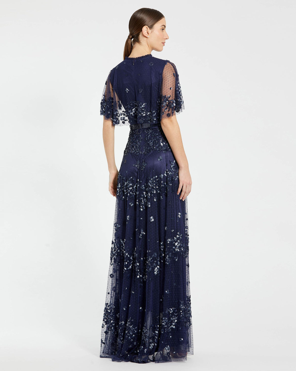Petite Navy Sequined High Neck Flutter Sleeve A Line Gown Mac Duggal