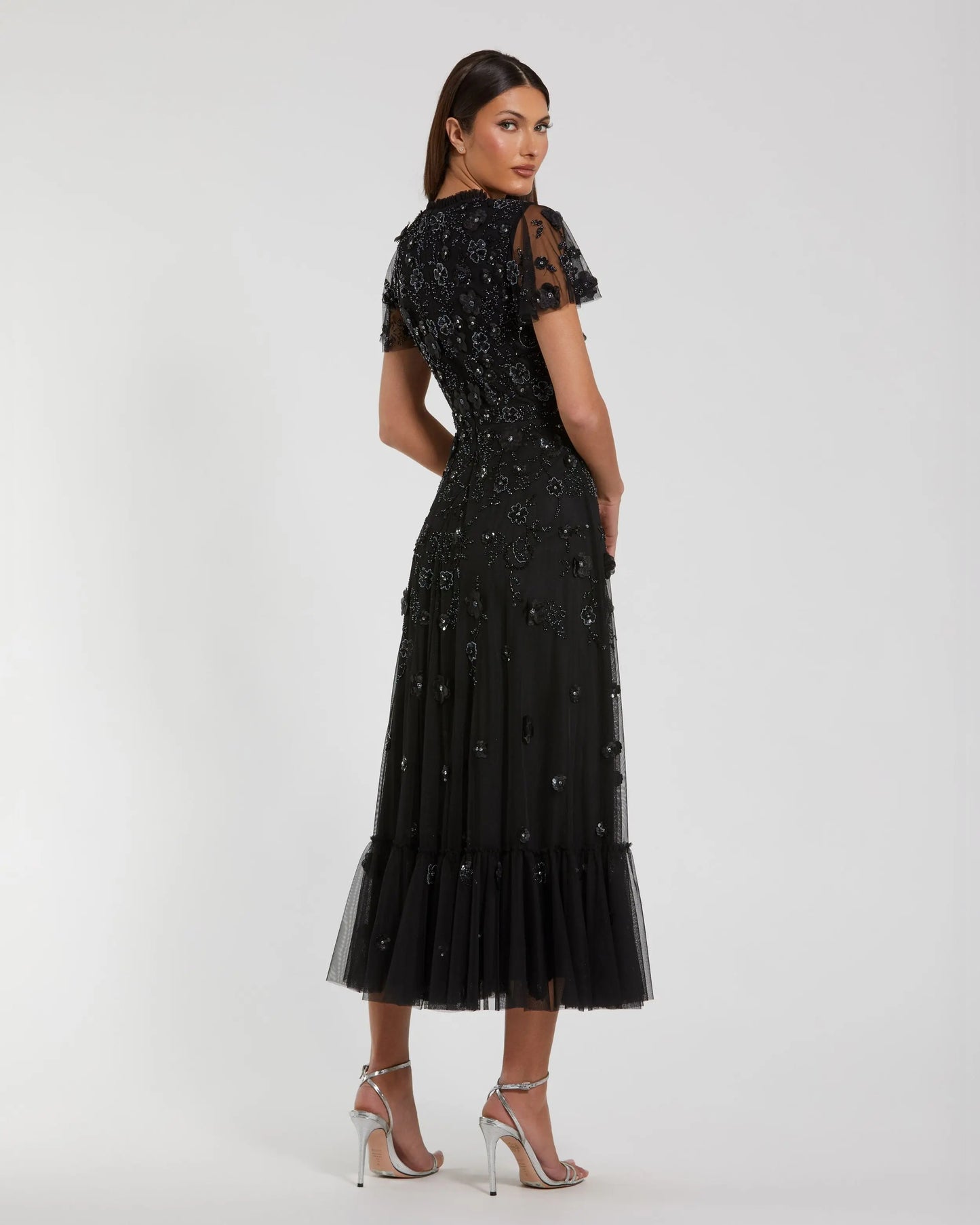 Petite Black Embellished High Neck Flutter Sleeve A Line Dress Mac Duggal