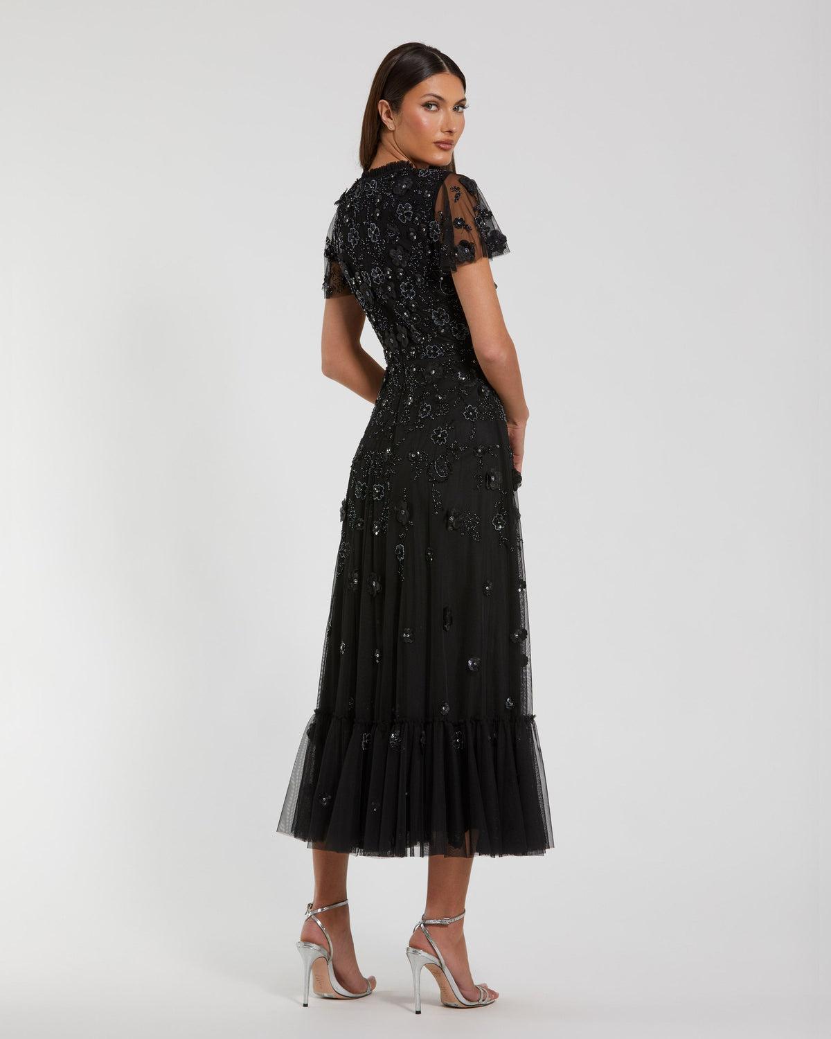 Petite Black Embellished High Neck Flutter Sleeve A Line Dress Mac Duggal