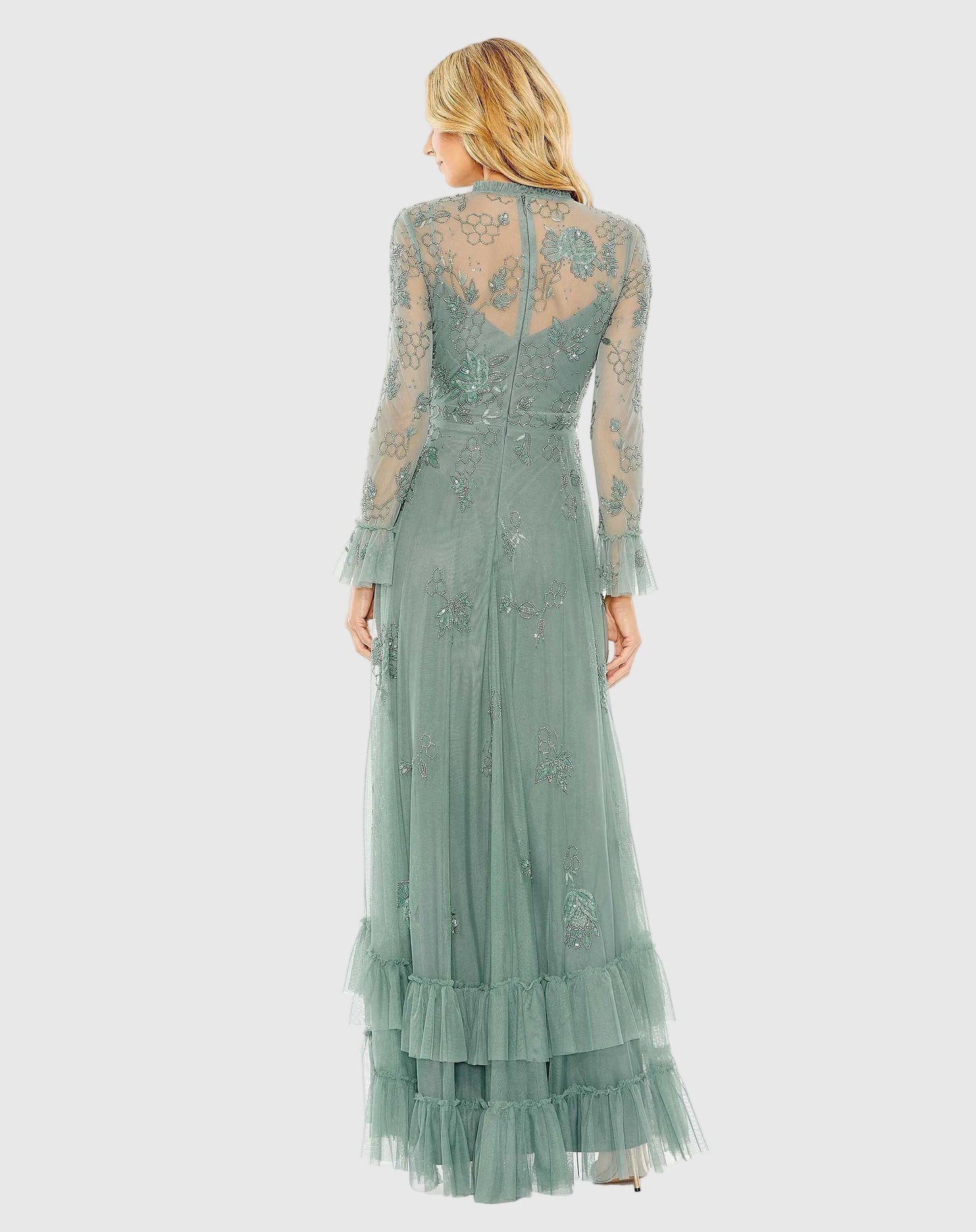 Petite Green Embellished Long Sleeve Ruffle Gown - Mac Duggal