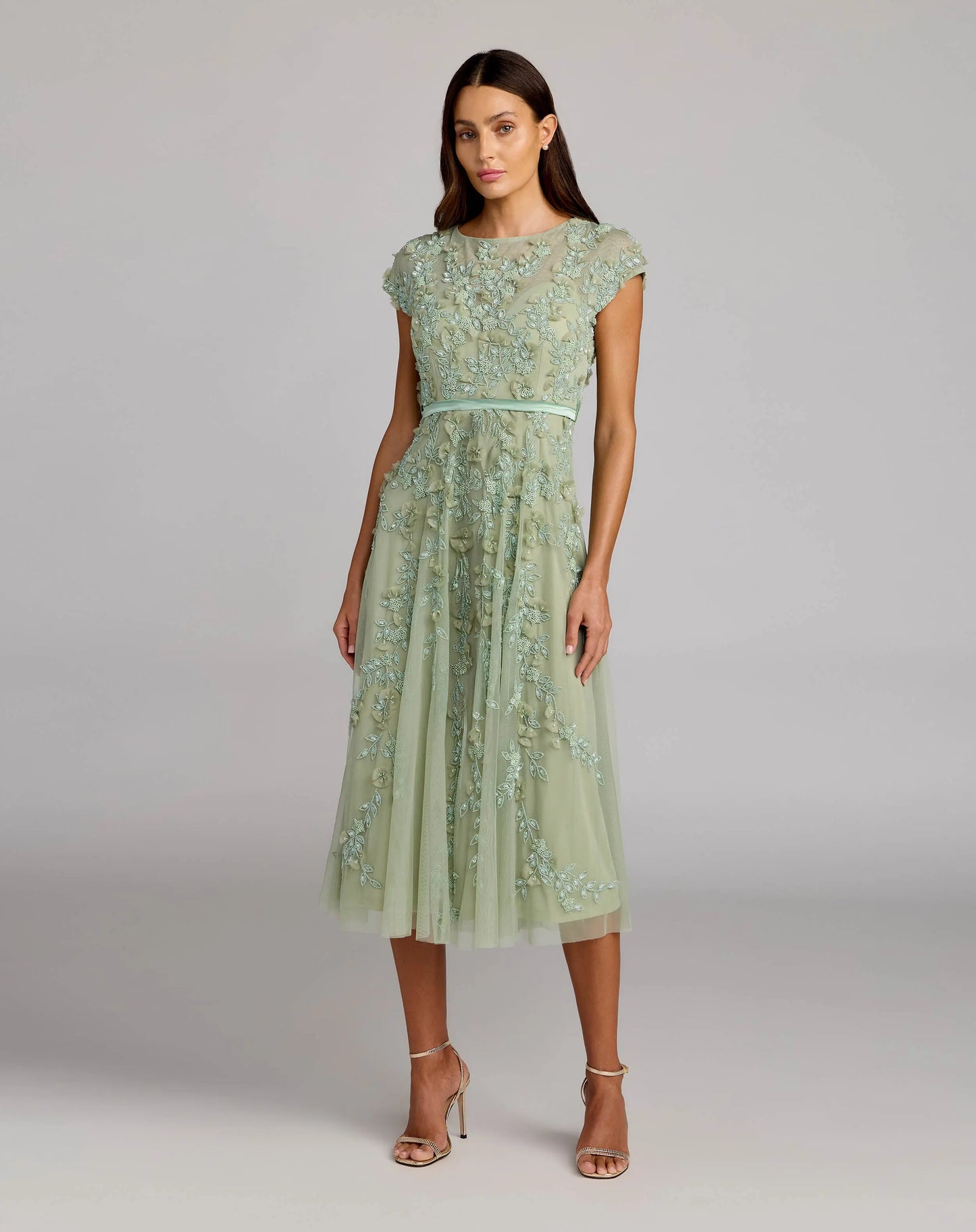 Petite Green Floral Embellished Cap Sleeve Midi Dress - Mac Duggal