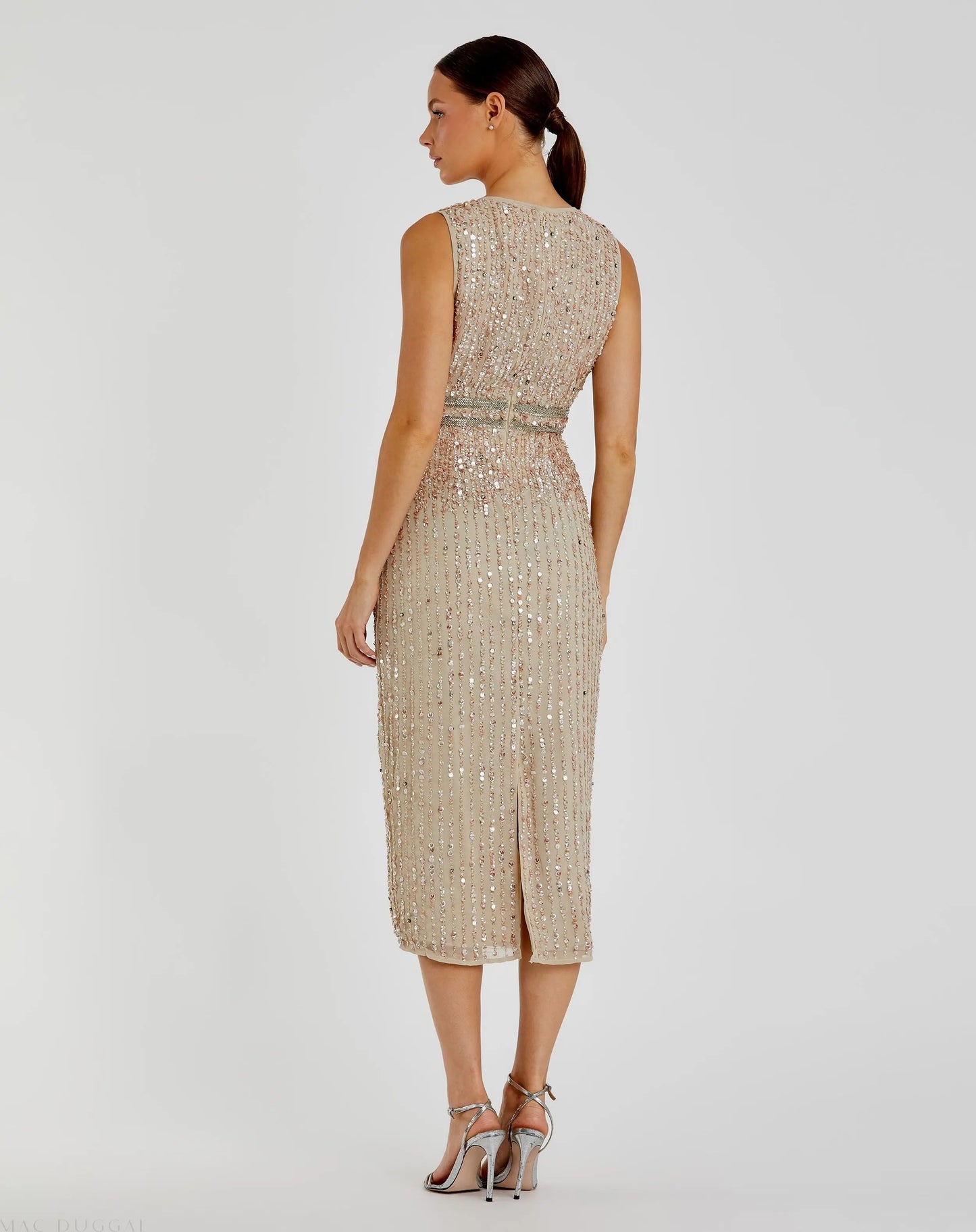 Nude Sleeveless High Neck Beaded Midi Sheath Dress - Mac Duggal