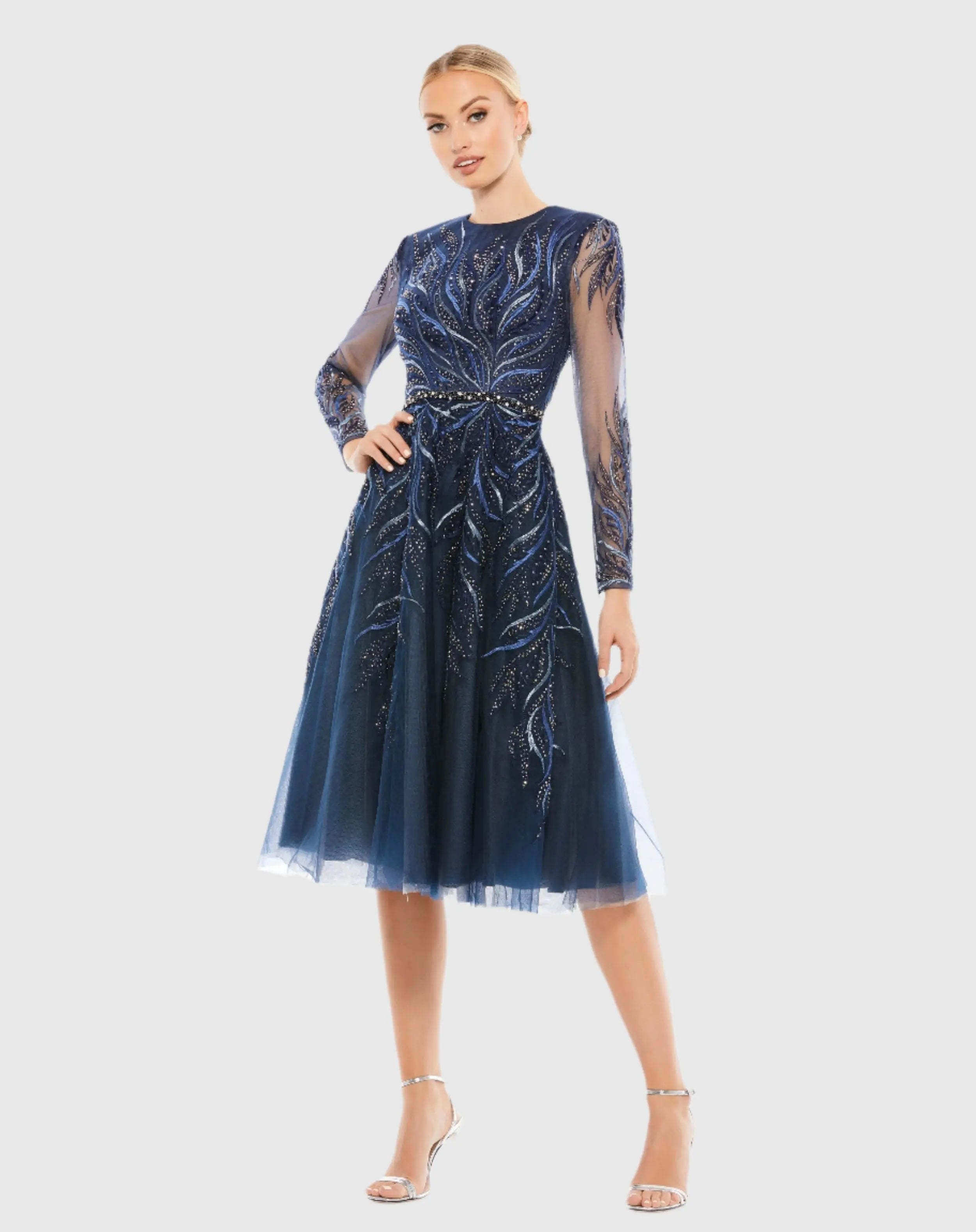Embellished Tea-Length Illusion Cocktail Dress - Mac Duggal Embellished Tea-Length Illusion Cocktail Dress - Mac Duggal