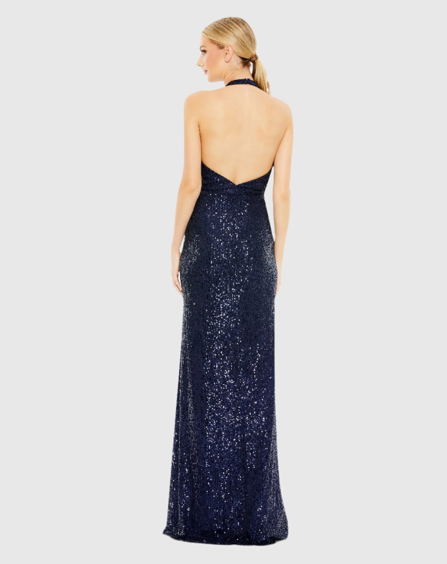 Navy Sequined Halter Strap Plunge Neck Gown - Mac Duggal