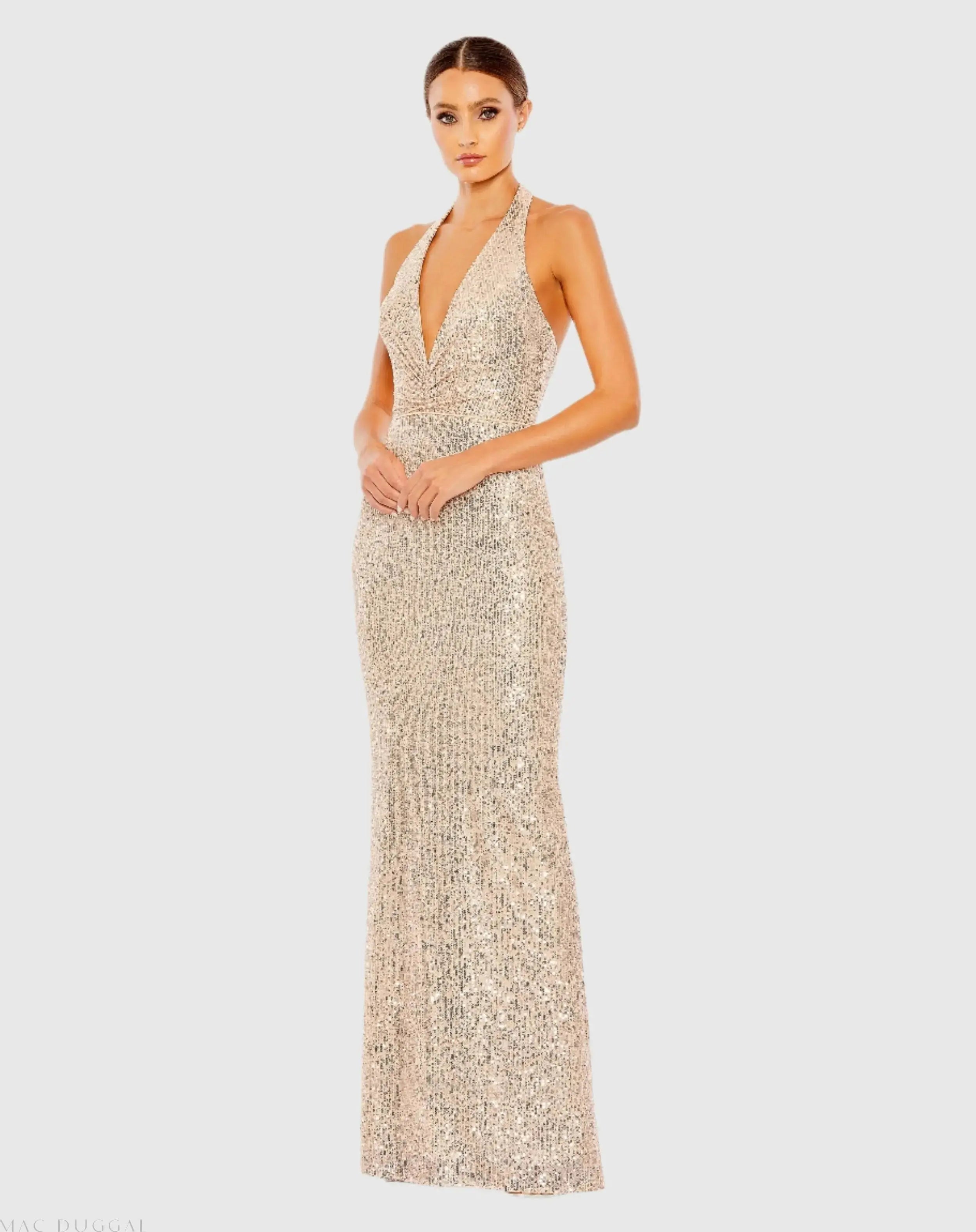 Gold Sequined Halter Strap Plunge Neck Gown Gold Sequined Halter Strap Plunge Neck Gown