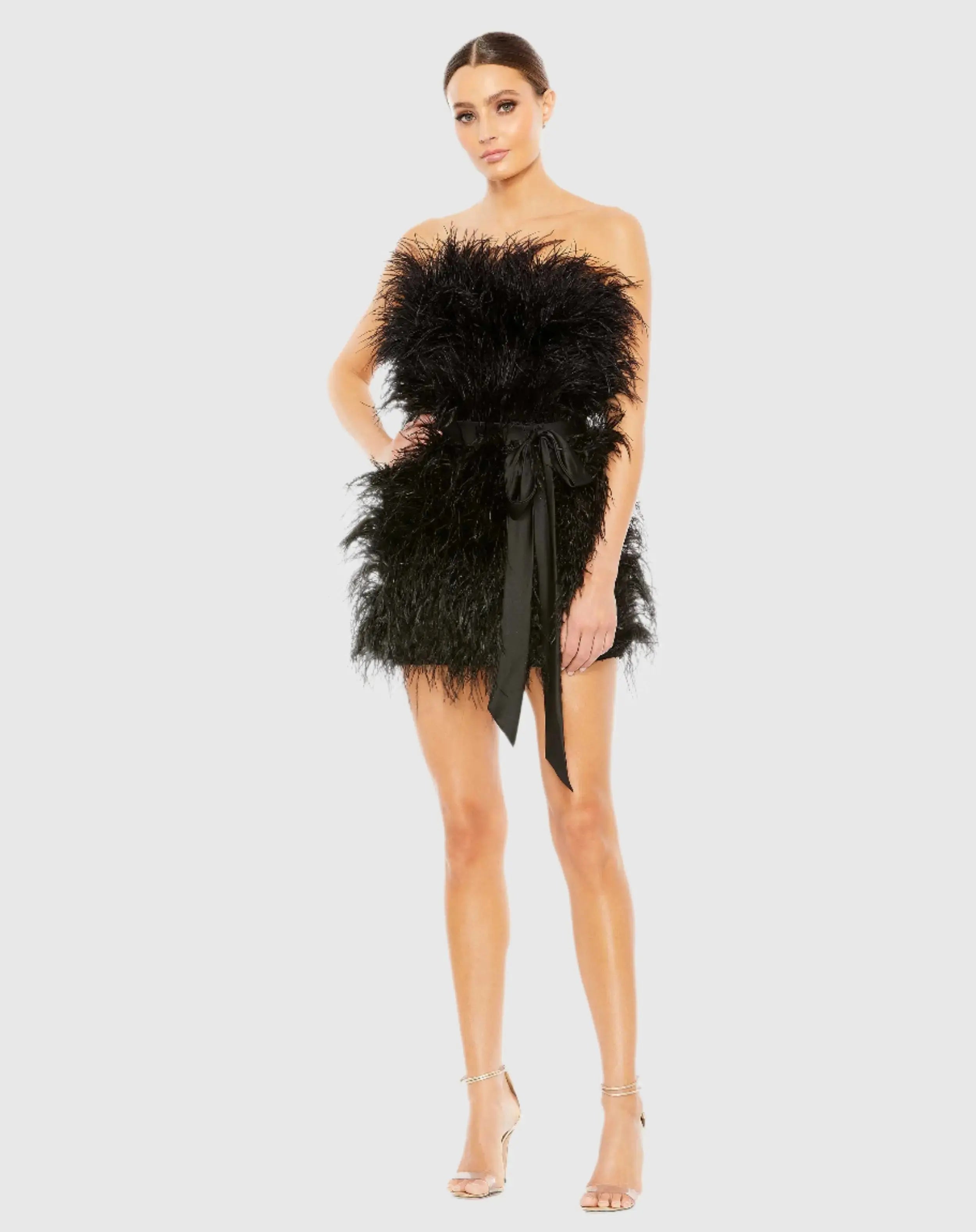 Black Feather Strapless Mini Dress | Mac Duggal Black Feather Strapless Mini Dress | Mac Duggal