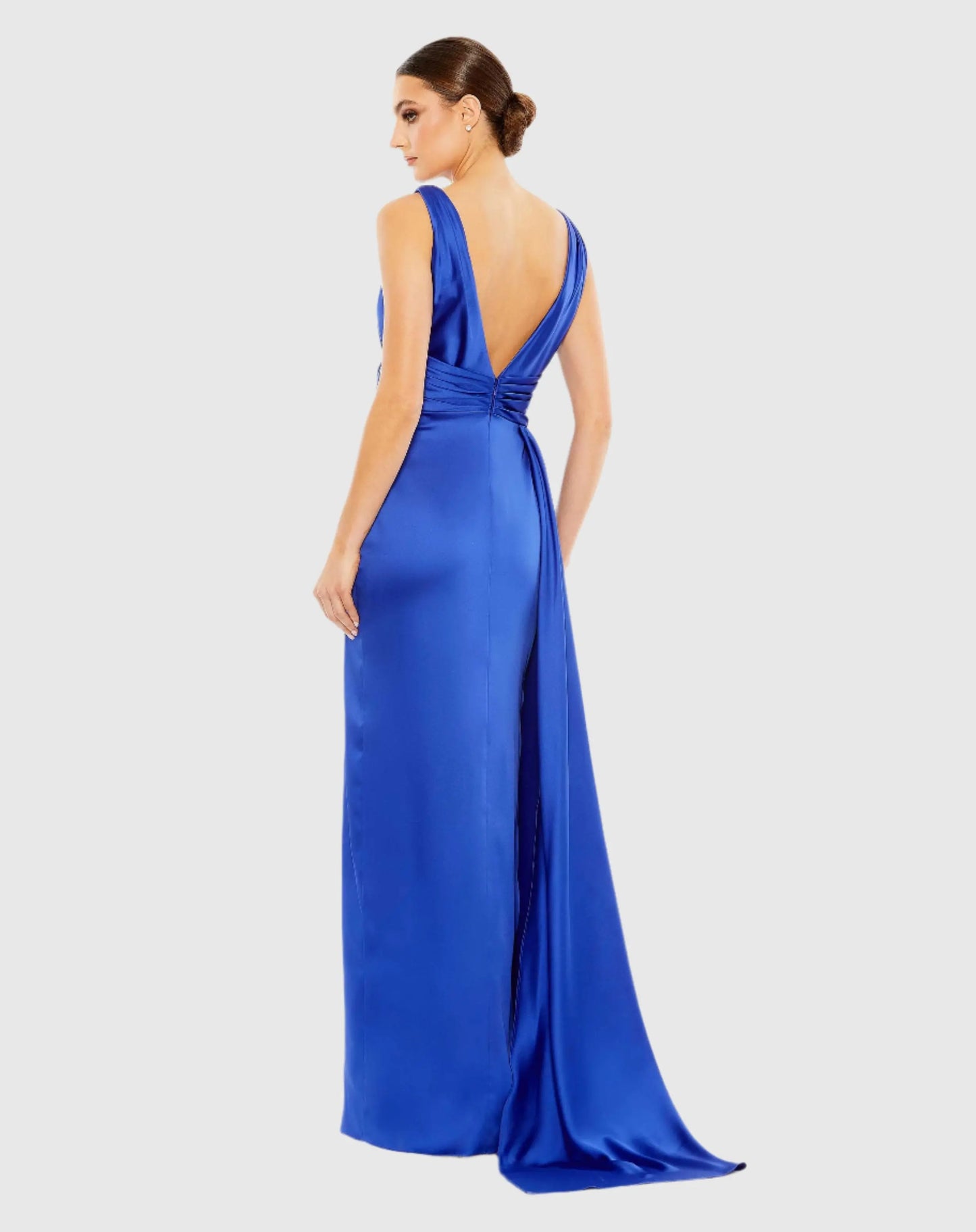 Blue Sleeveless Self Tie Draped Gown w/ Overlay Train - Mac Duggal