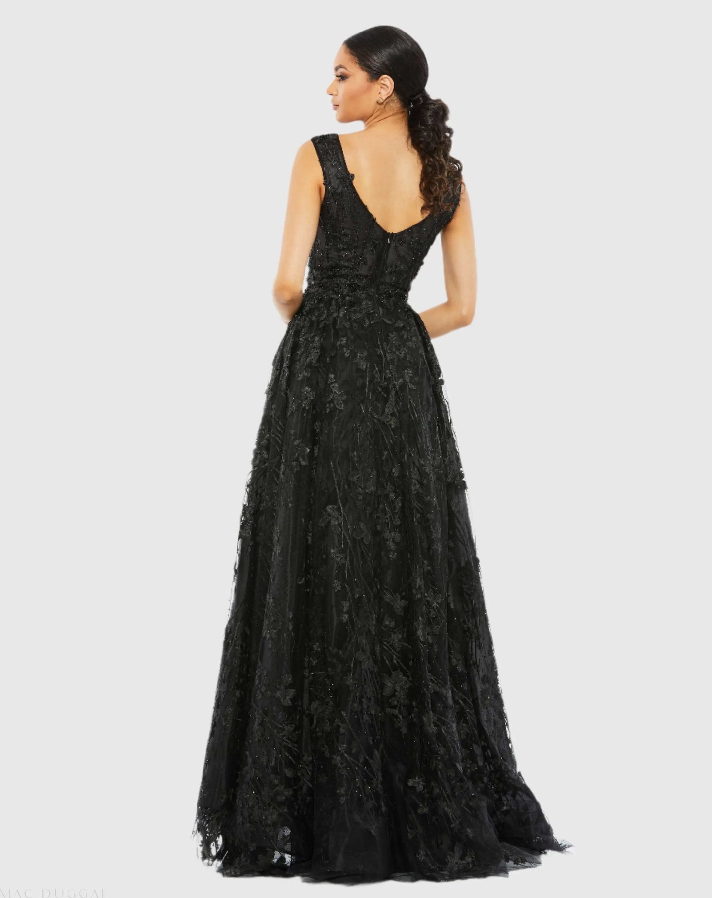 Black Floral Embroidered Illusion V-Neck Gown - Mac Duggal