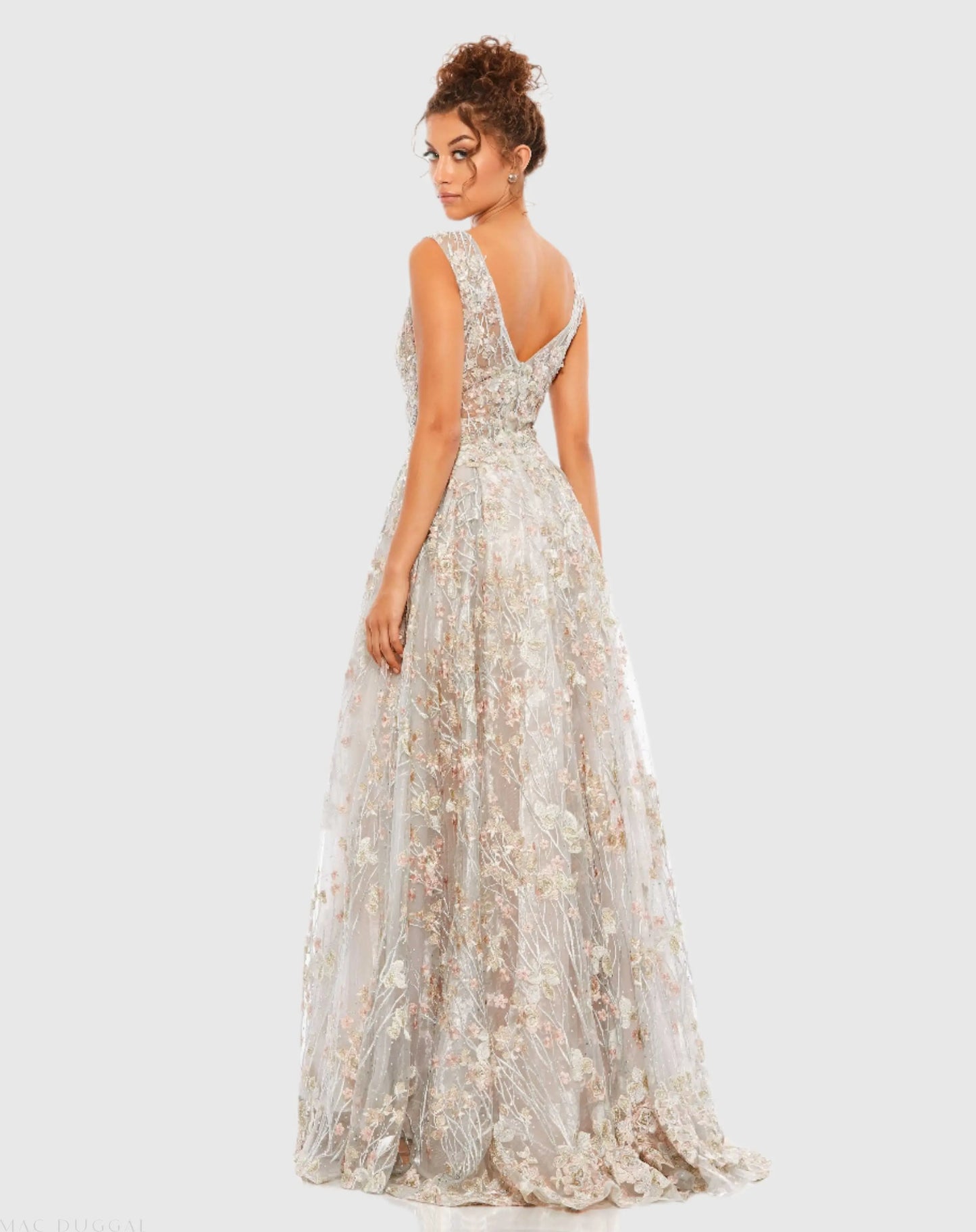 Silver Floral Embroidered Illusion V-Neck Gown - Mac Duggal