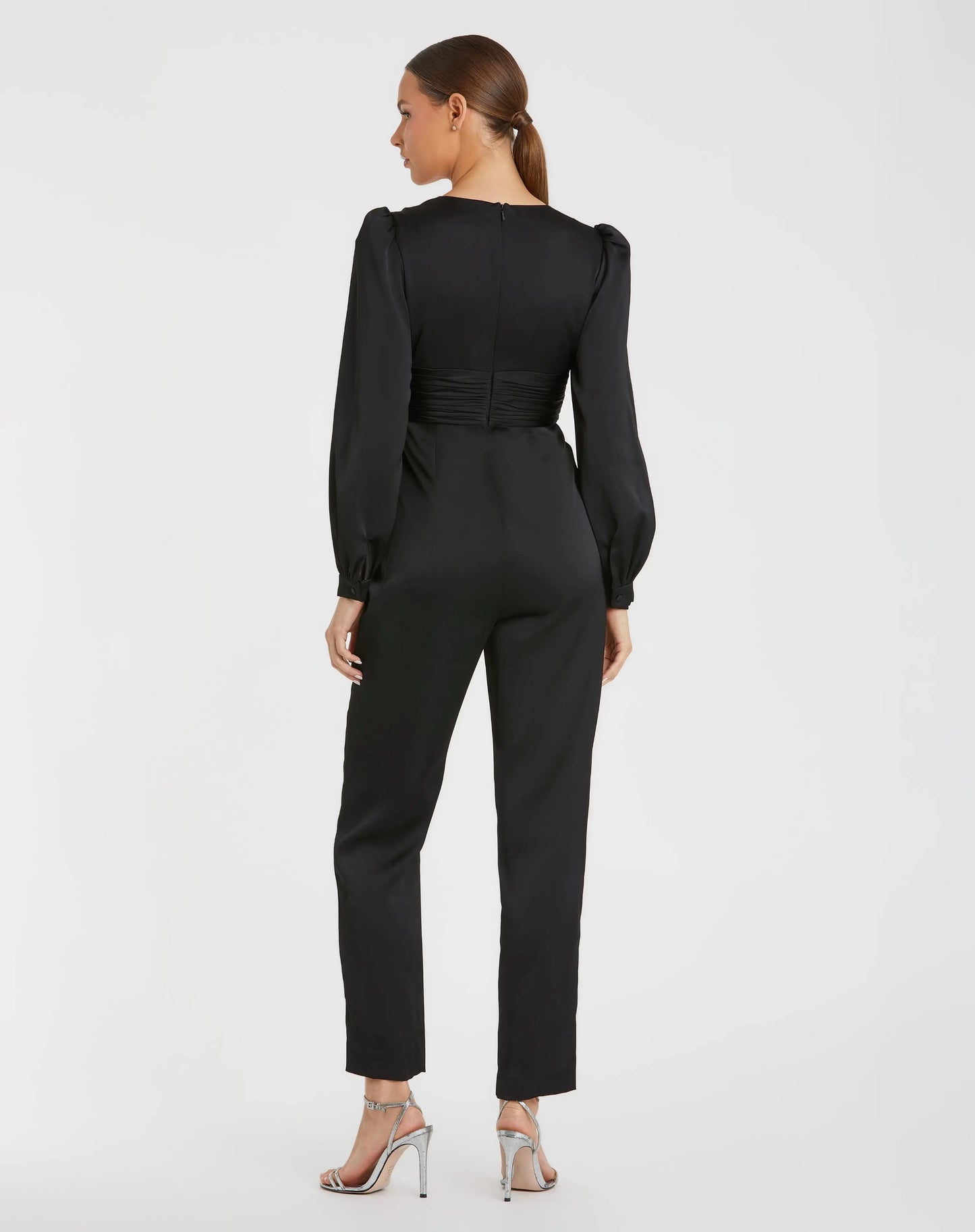 Black Front Twist Puff Sleeve Deep V Jumpsuit - Mac Duggal