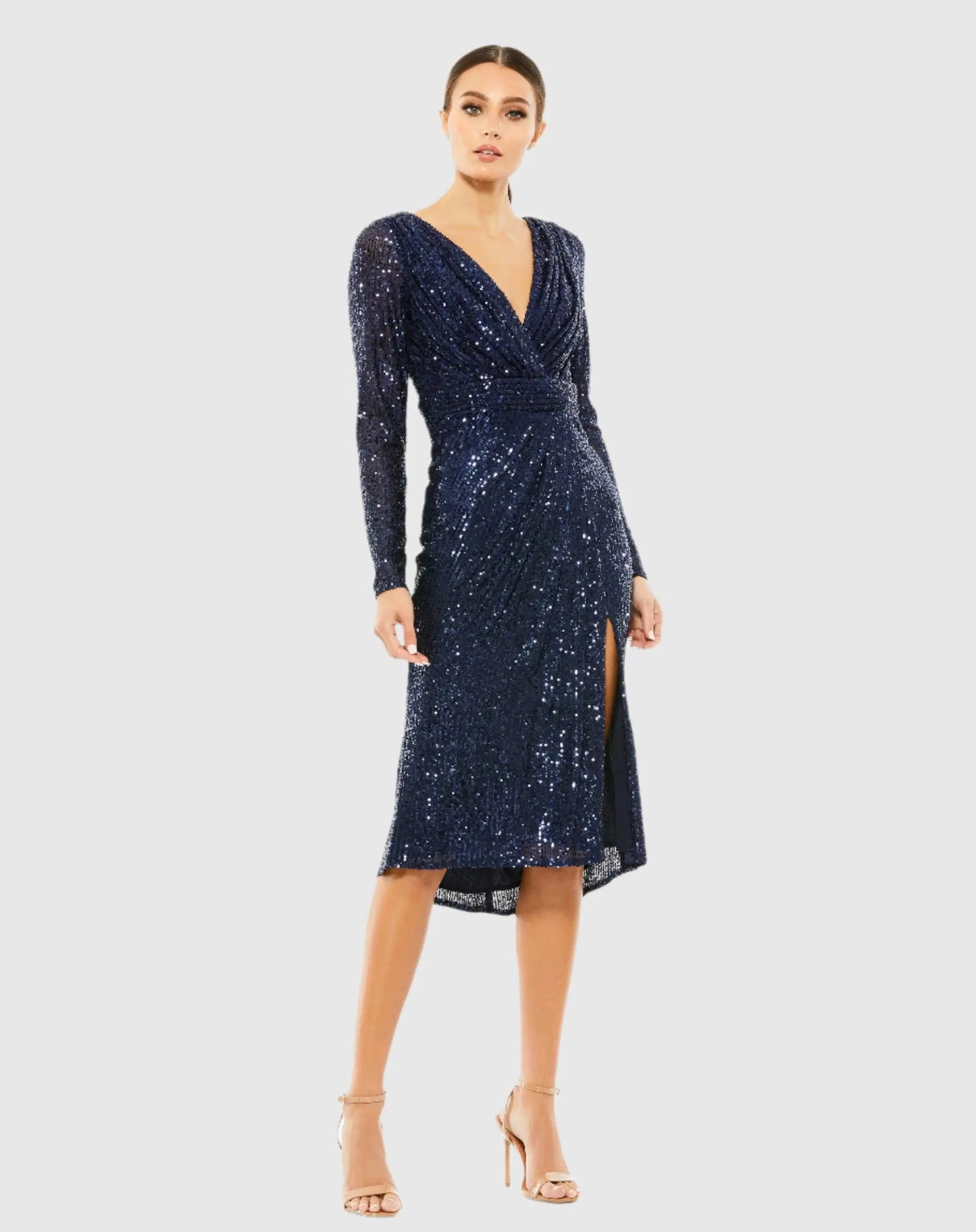 Navy Sequined Long Sleeve Midi Dress - Ieena for Mac Duggal