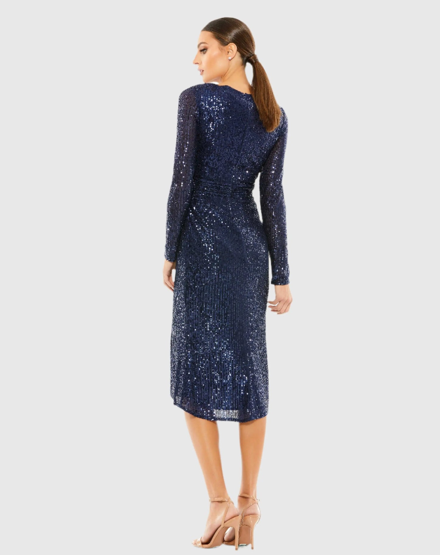 Navy Sequined Long Sleeve Midi Dress - Ieena for Mac Duggal