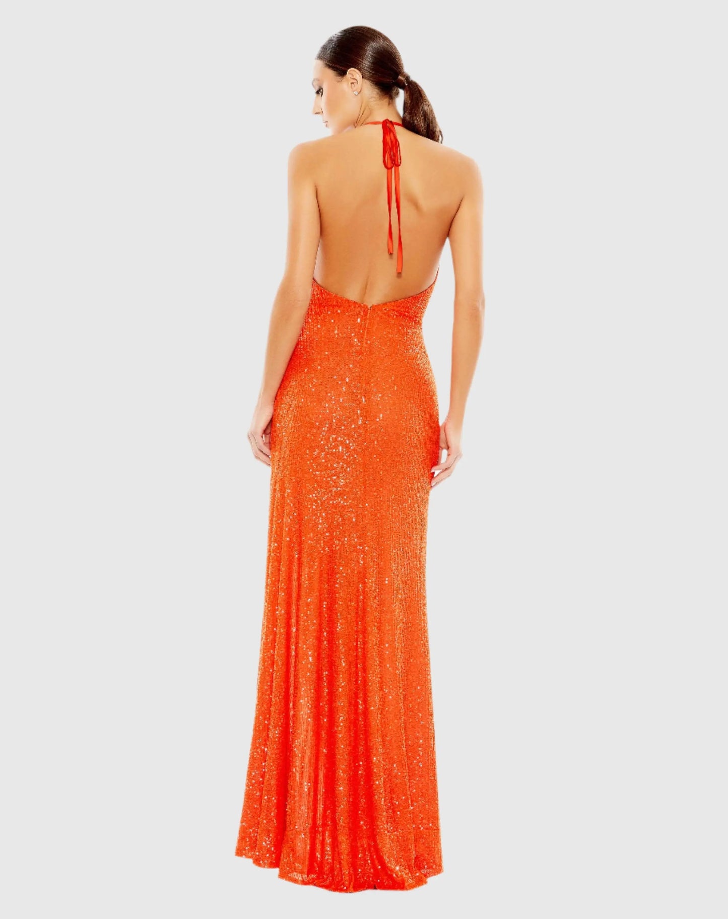 Orange Sequin Open Back Halter Neck Gown - Ieena for Mac Duggal