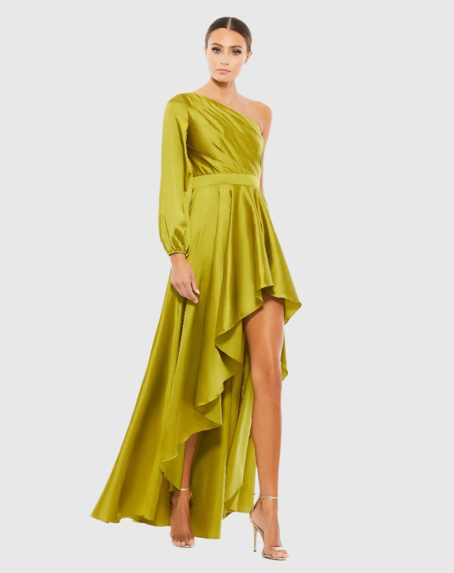 Green High Low One Shoulder Flowy Gown - Mac Duggal