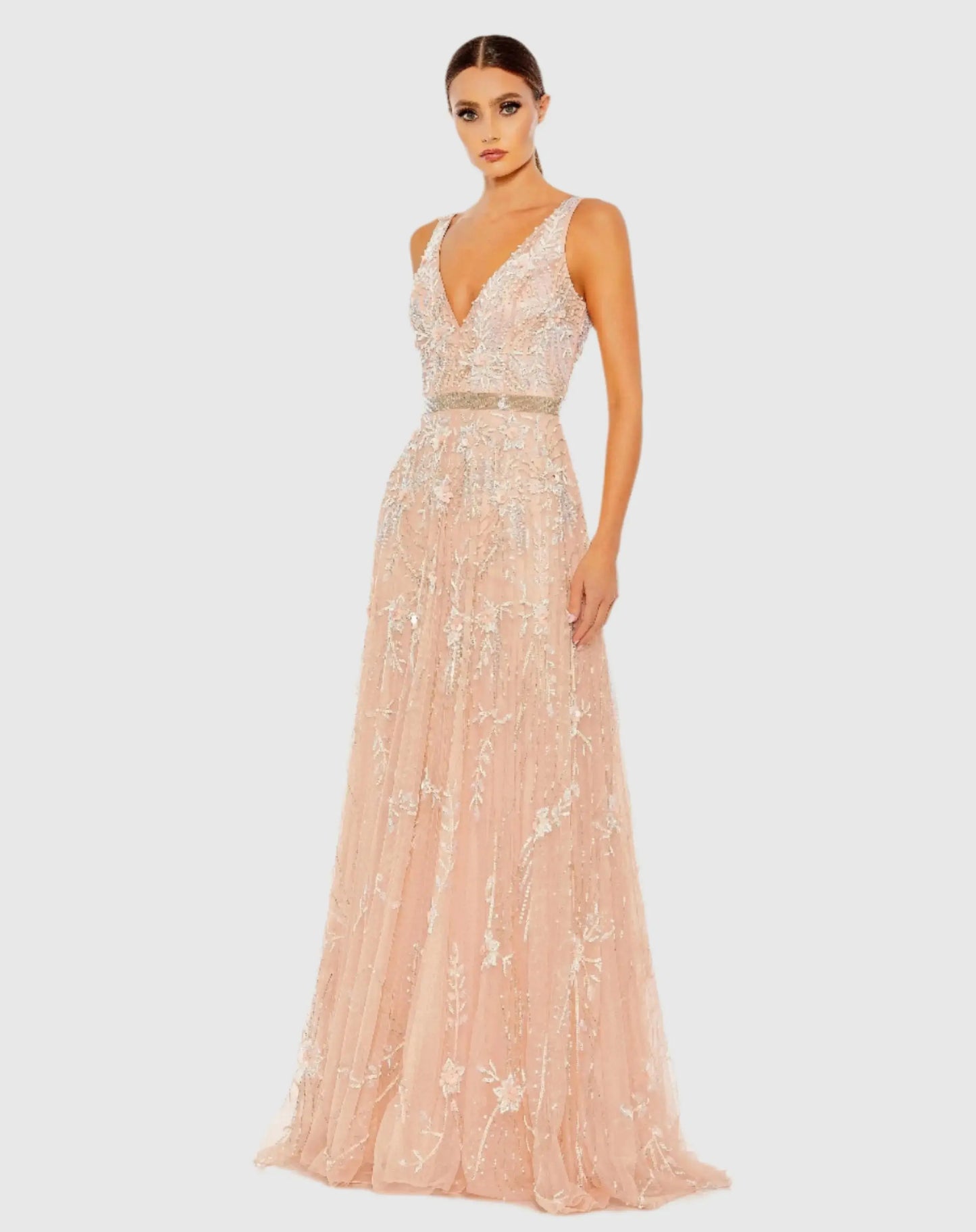 Pink V-Neck Embellished Tulle Gown - Mac Duggal