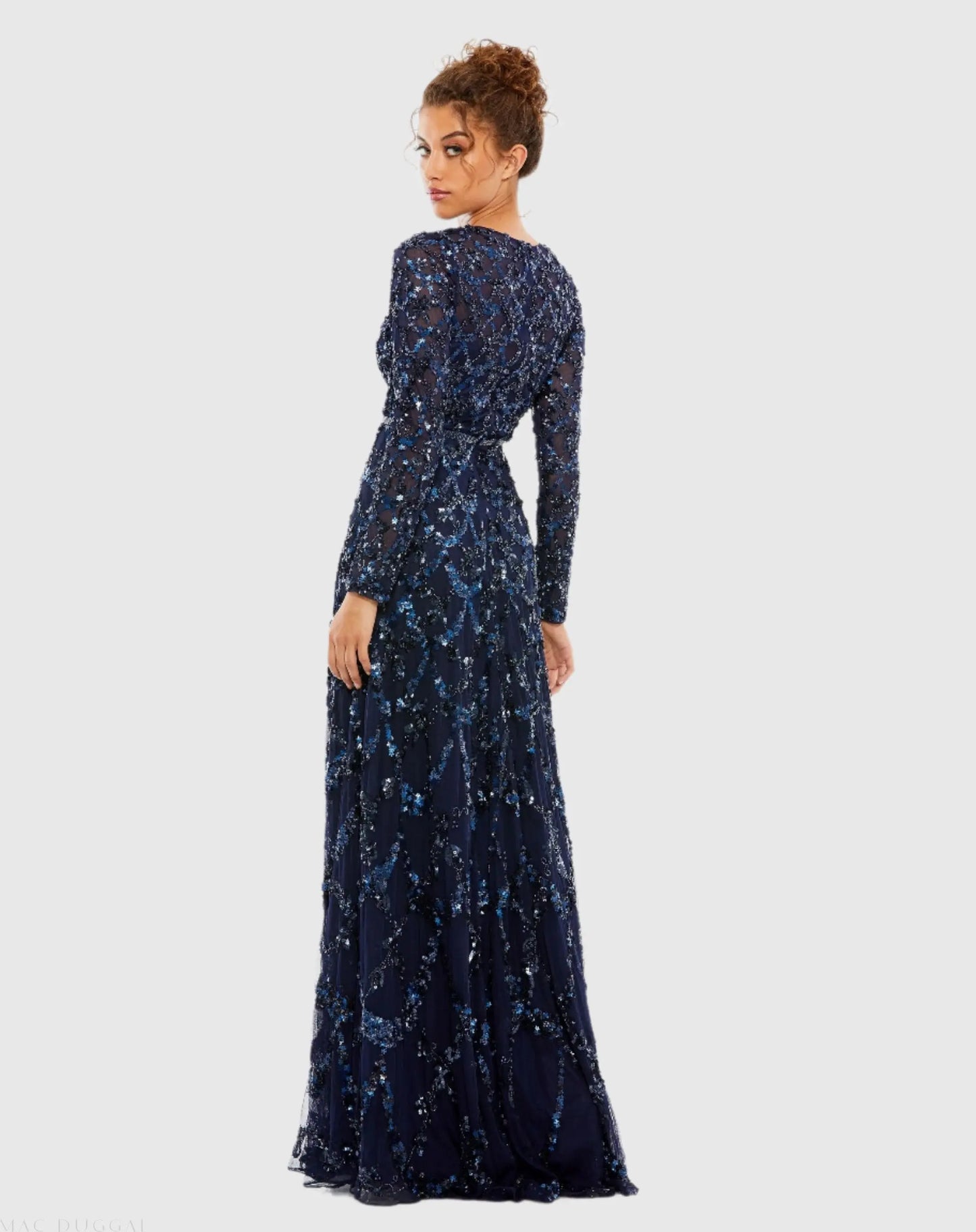 Navy Embellished Illusion High Neck Long Sleeve A Line Gown - Mac Duggal