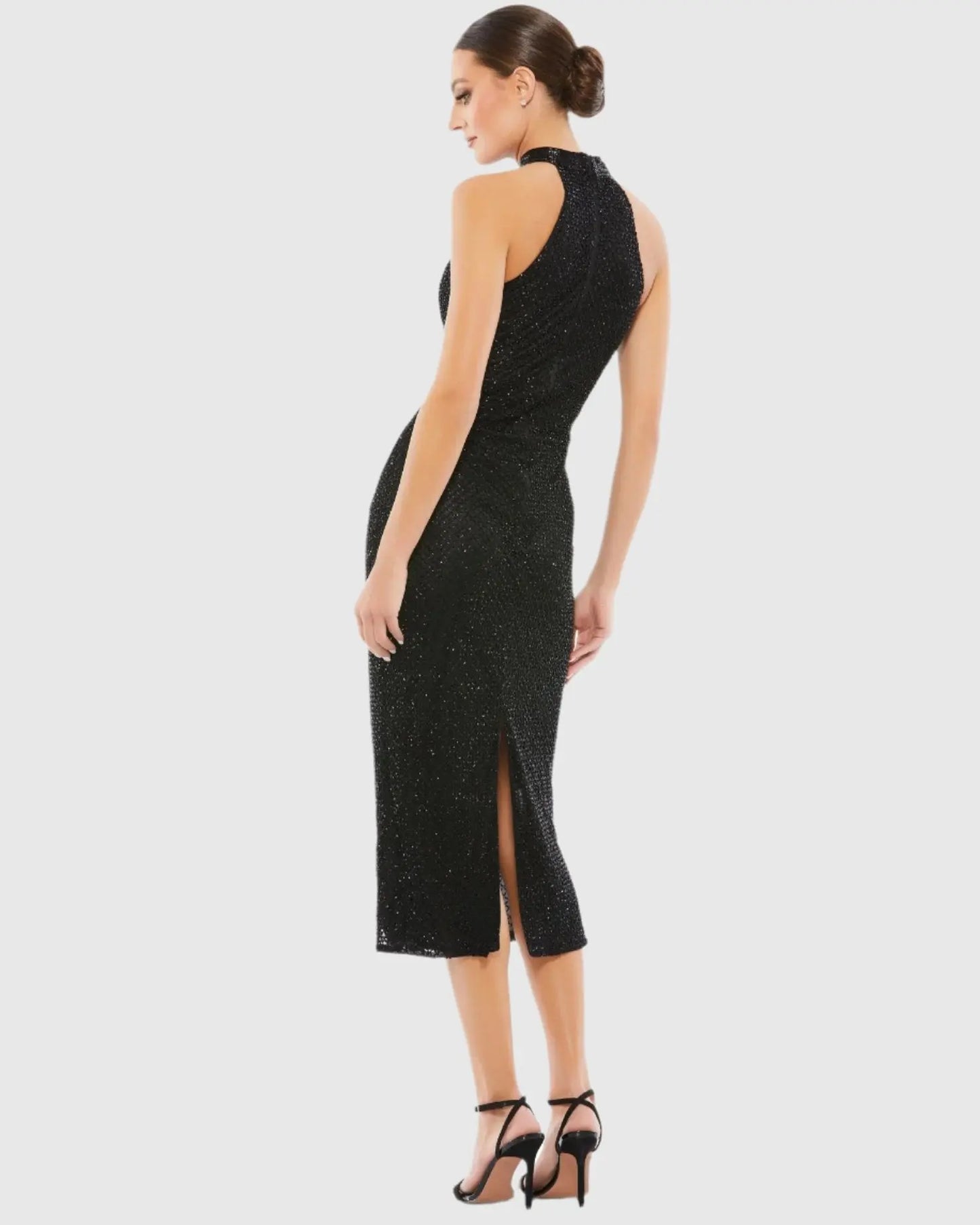 Black High Neck Halter Sleeveless Midi Dress - Mac Duggal
