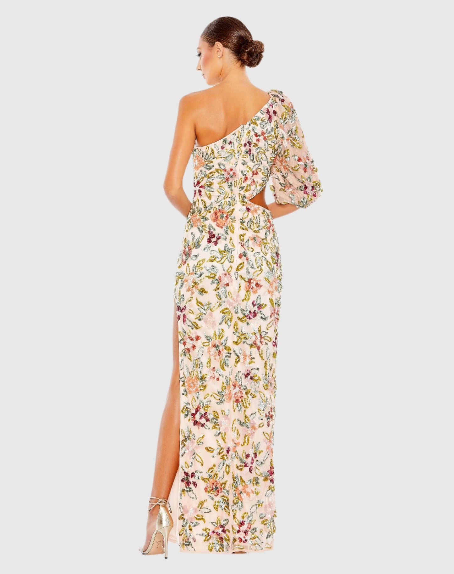 Beige One Shoulder Floral Embellished Gown - Mac Duggal
