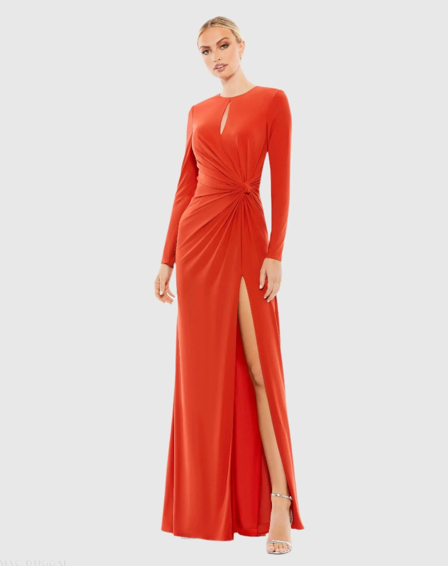 Red Long Sleeve Keyhole Draped Gown - Ieena for Mac Duggal