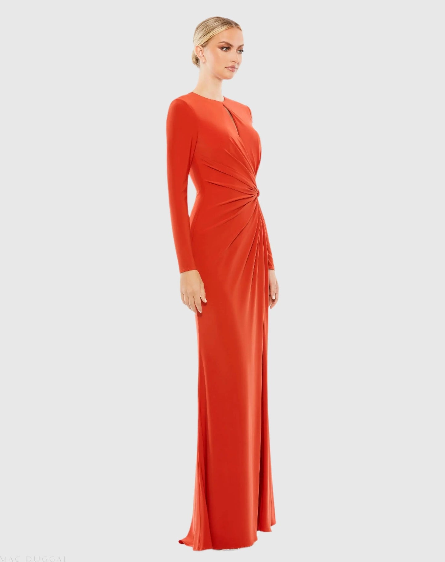 Red Long Sleeve Keyhole Draped Gown - Ieena for Mac Duggal
