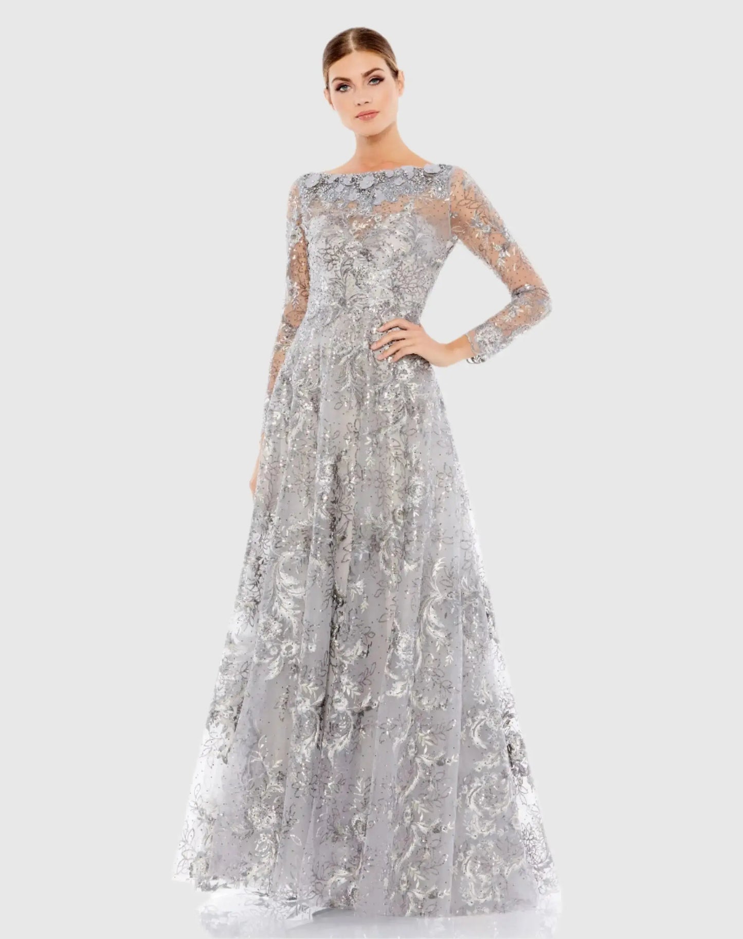 Gray Floral Embroidered Illusion Long Sleeve Gown - Mac Duggal
