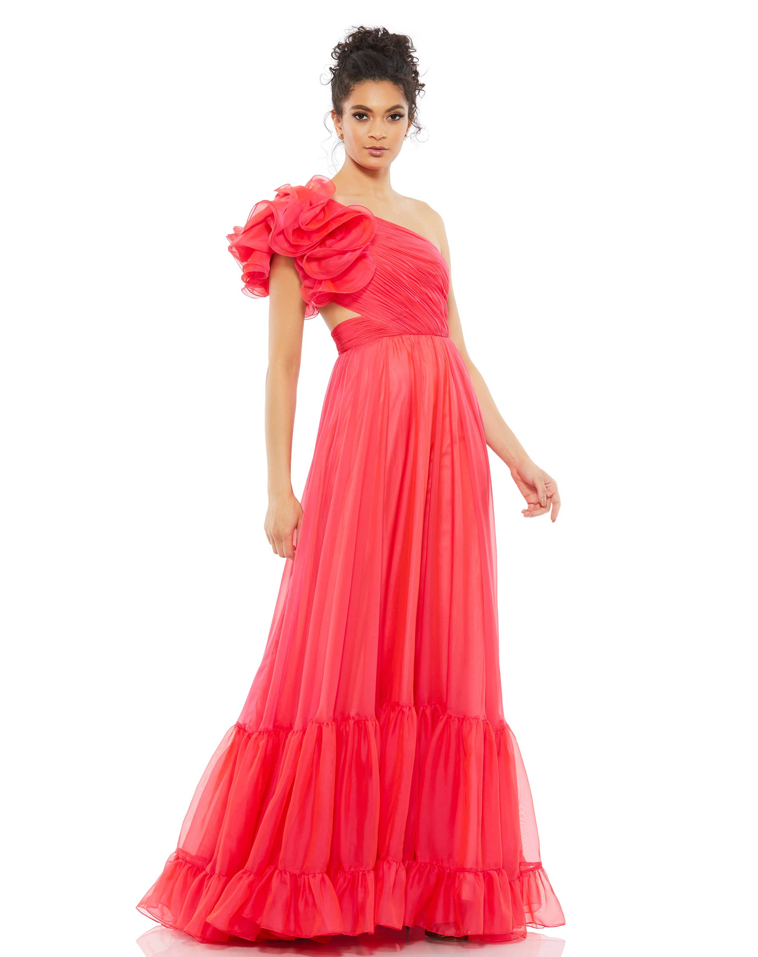 Ruffled One Shoulder Tiered Gown