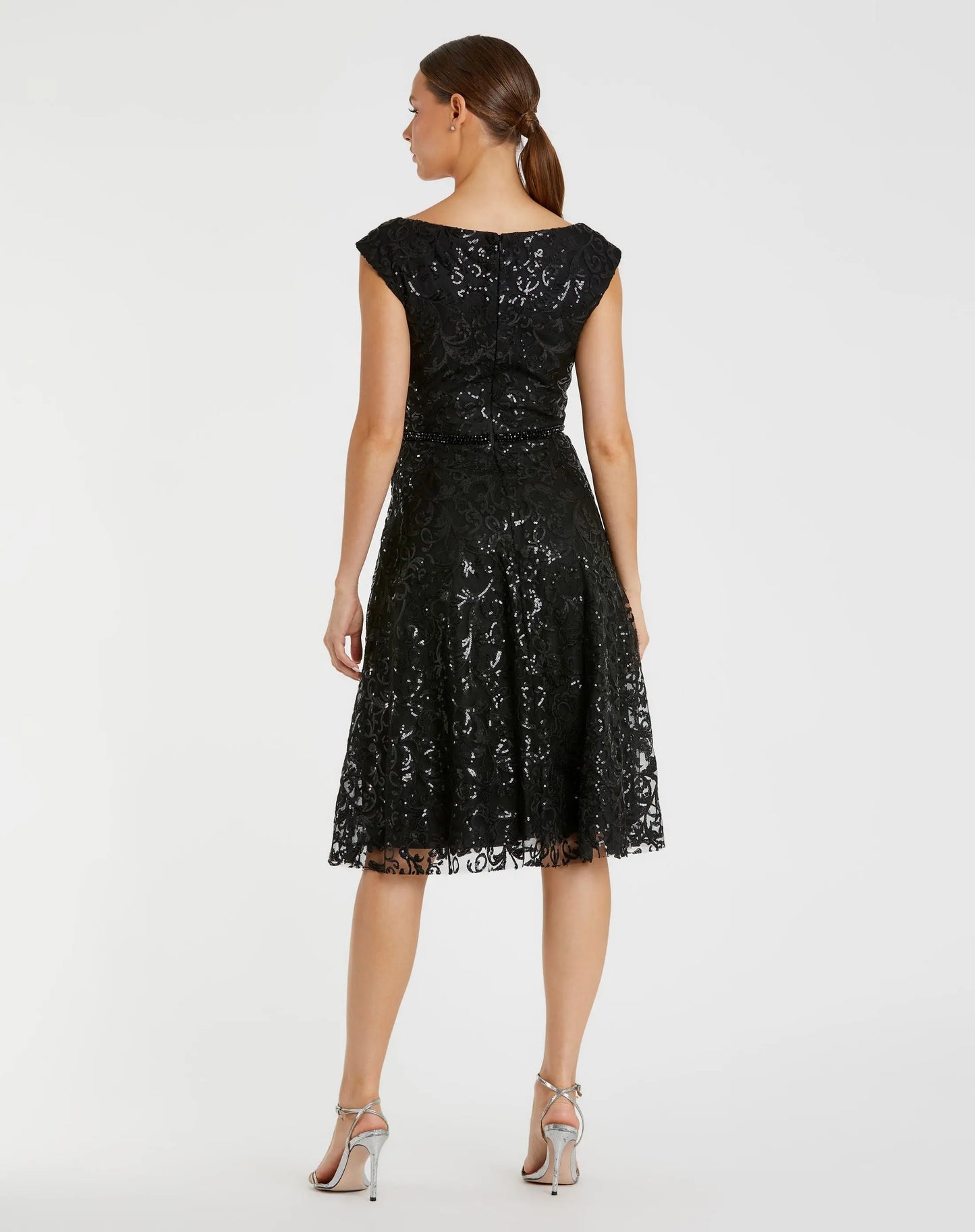 Black Sequined V Neck Cap Sleeve Dress - Mac Duggal