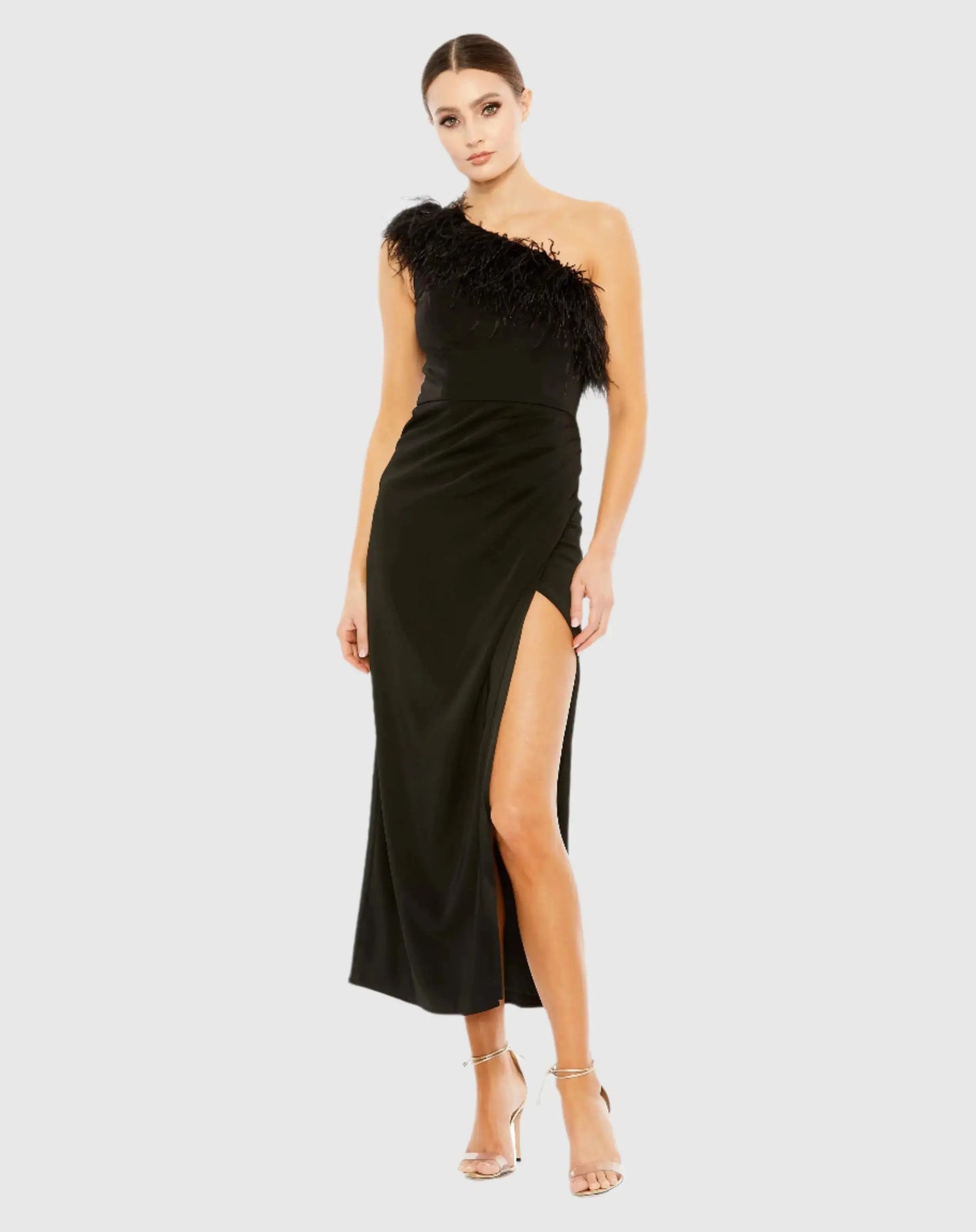 Black Feather Trim One Shoulder Draped Dress - Mac Duggal