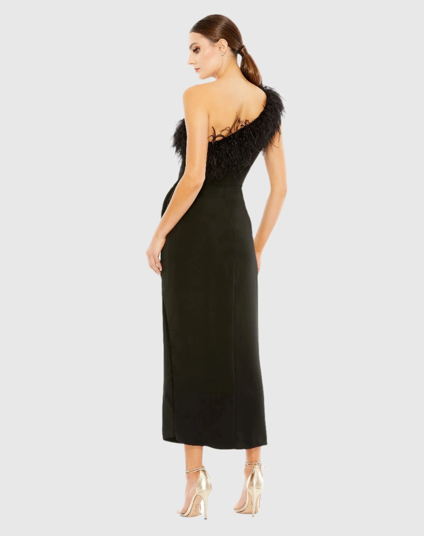 Black Feather Trim One Shoulder Draped Dress - Mac Duggal