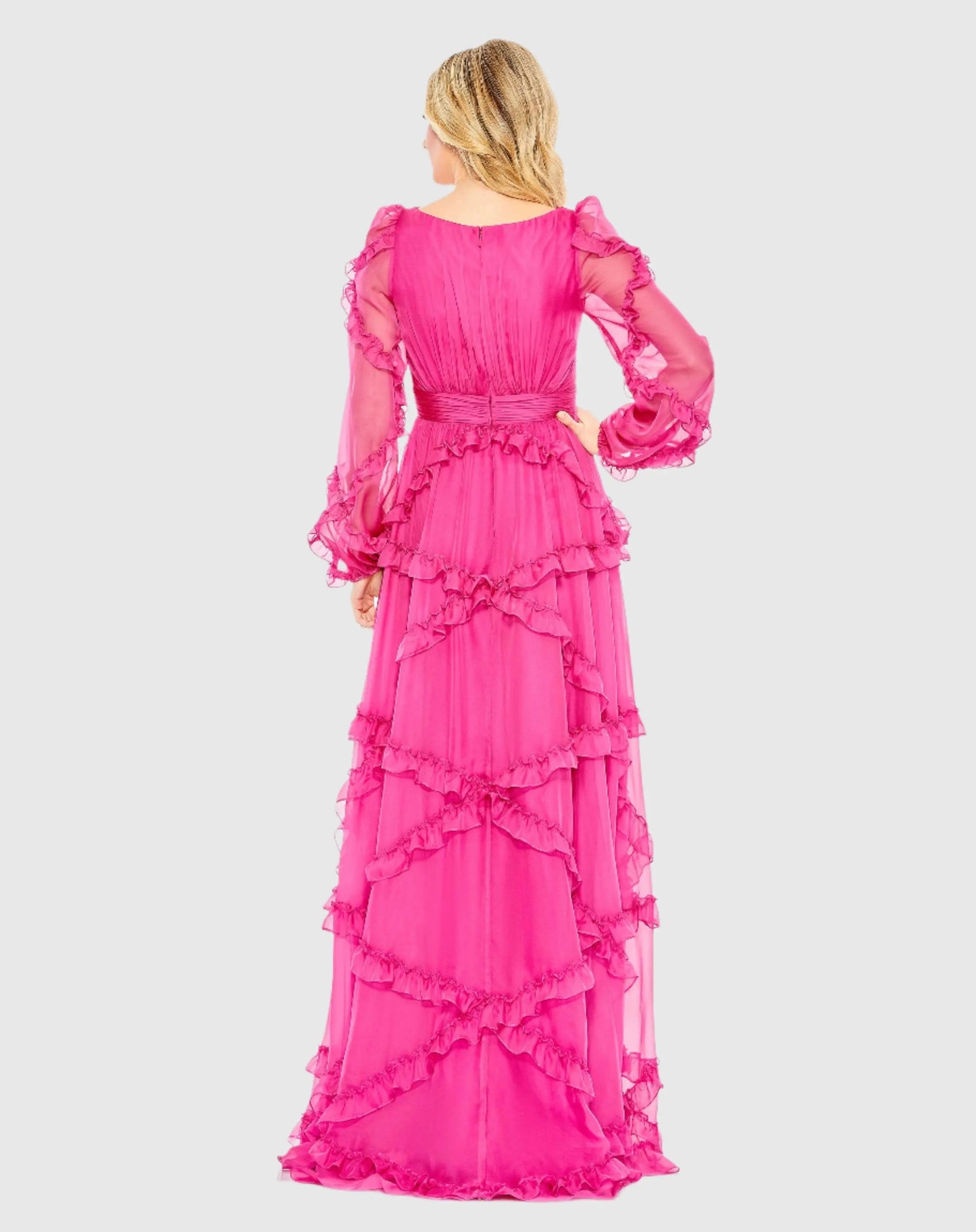Pink Cascade Ruffle Puff Sleeve A Line Gown - Mac Duggal