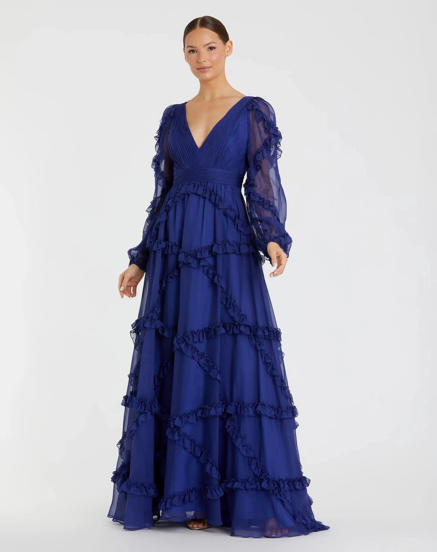 Blue Cascade Ruffle Puff Sleeve A Line Gown - Mac Duggal
