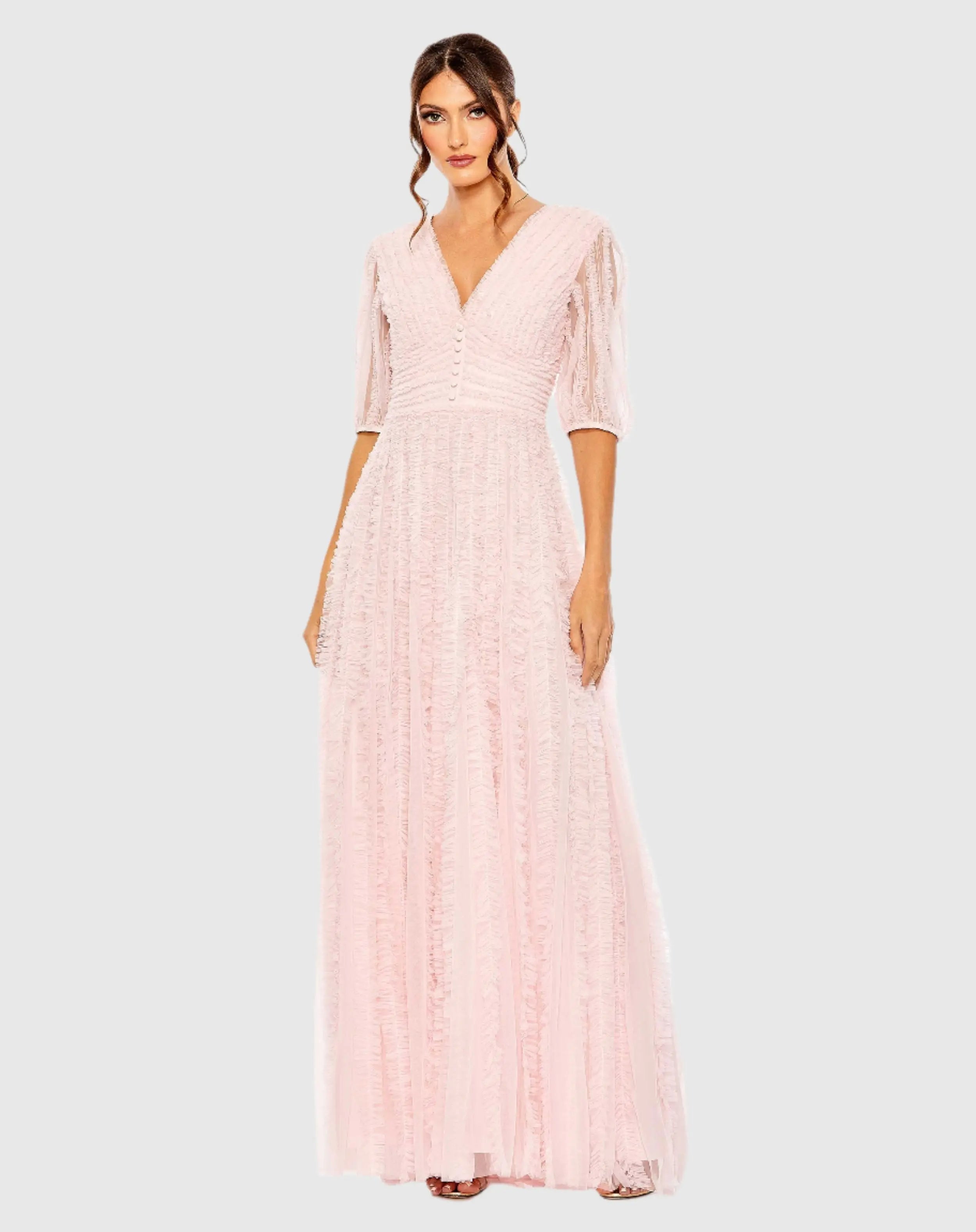 Mac Duggal V-Neck Puff Sleeve Ruffle-Tiered A-Line Gown - Rose