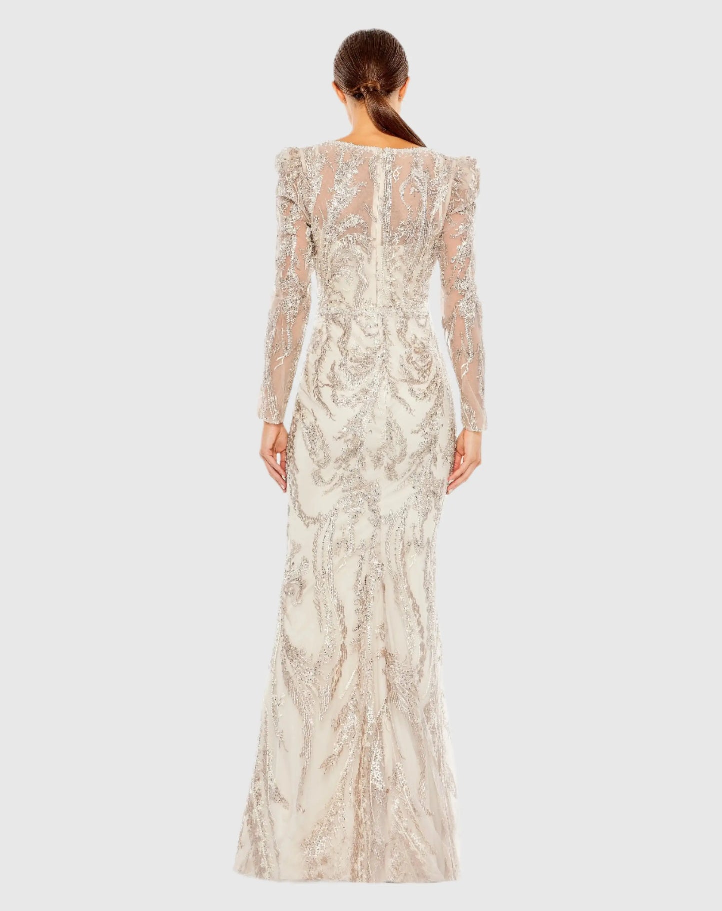 Beige Embellished Puff Sleeve V Neck Gown - Mac Duggal