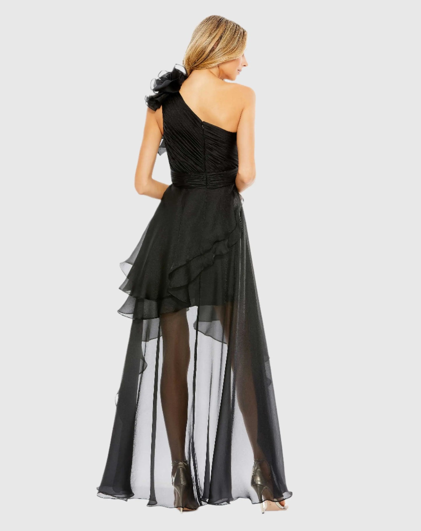 Black One Shoulder Ruffle Hi-Low Gown - Mac Duggal