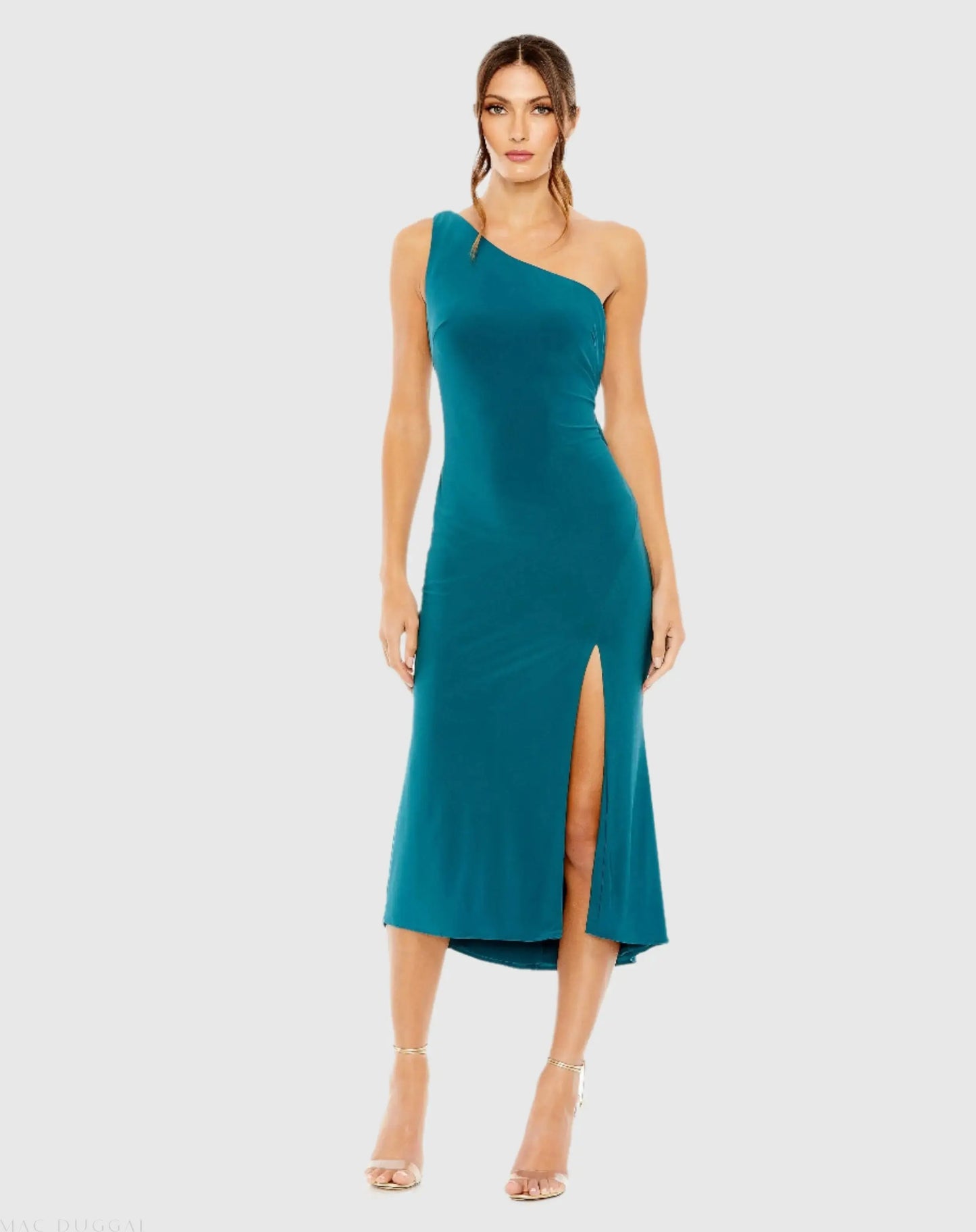 Blue One Shoulder Cowl Back Jersey Midi Dress - Mac Duggal