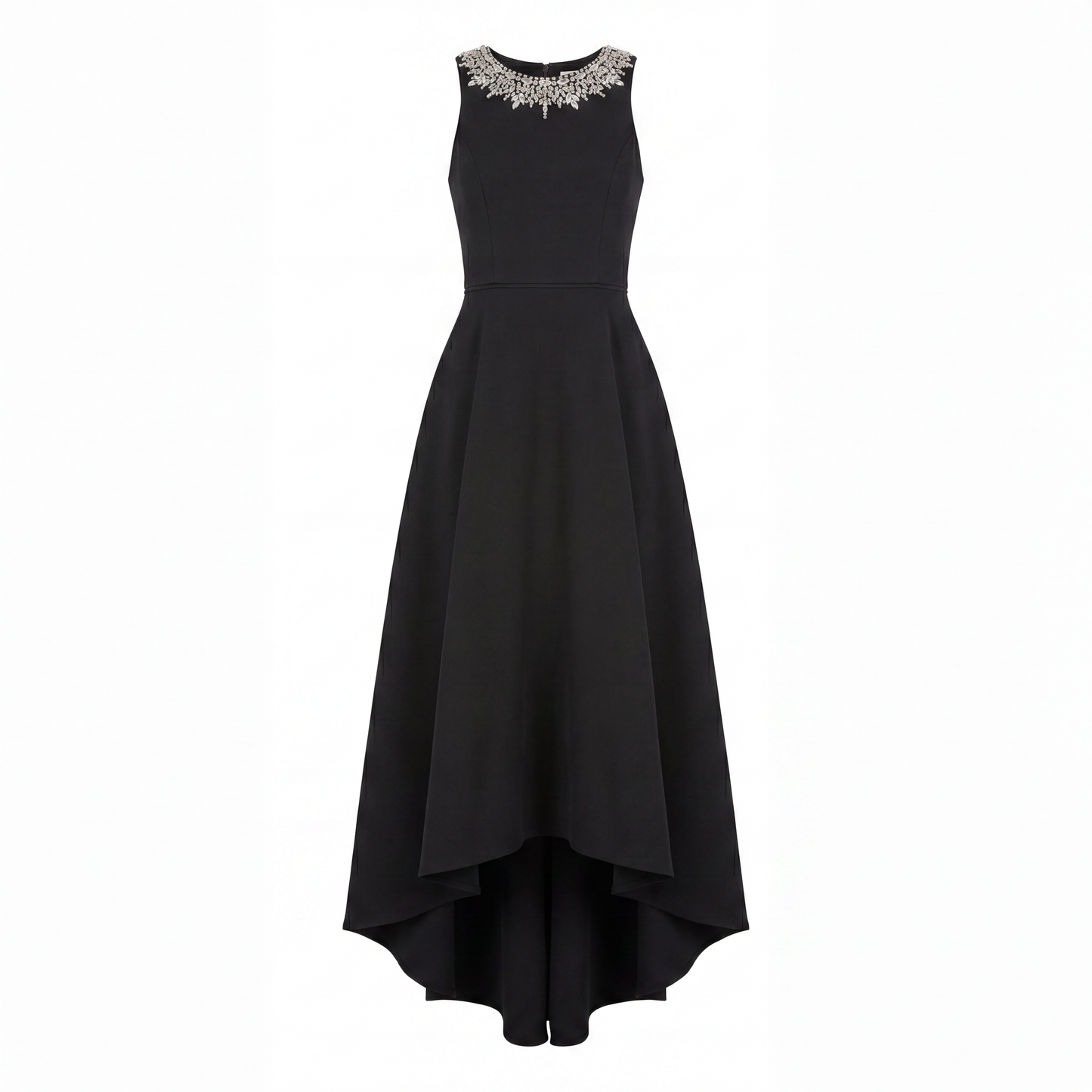 Black Crepe Embellished Neck High Low Gown