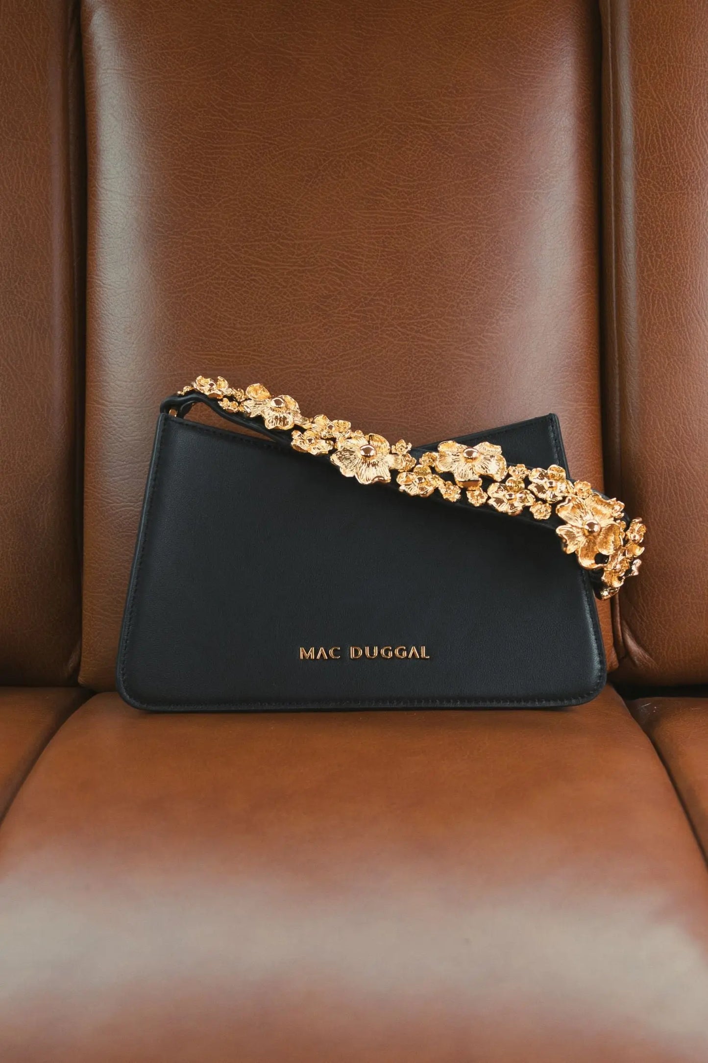 Gold Floral Small Black Nappa Leather Shoulder Bag - Mac Duggal