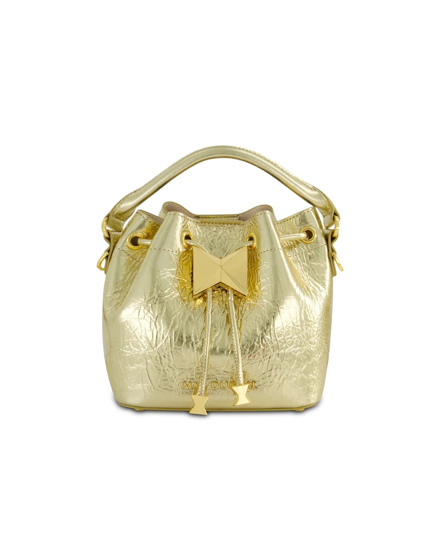Crinkle Metallic Gold Leather Mini Bucket Bag with Detachable Strap - Mac Duggal