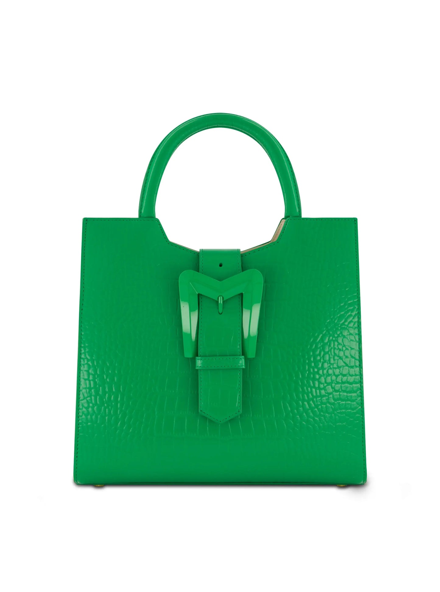 Buckled Medium Croco Green Leather Tote Bag with Detachable Strap - Mac Duggal