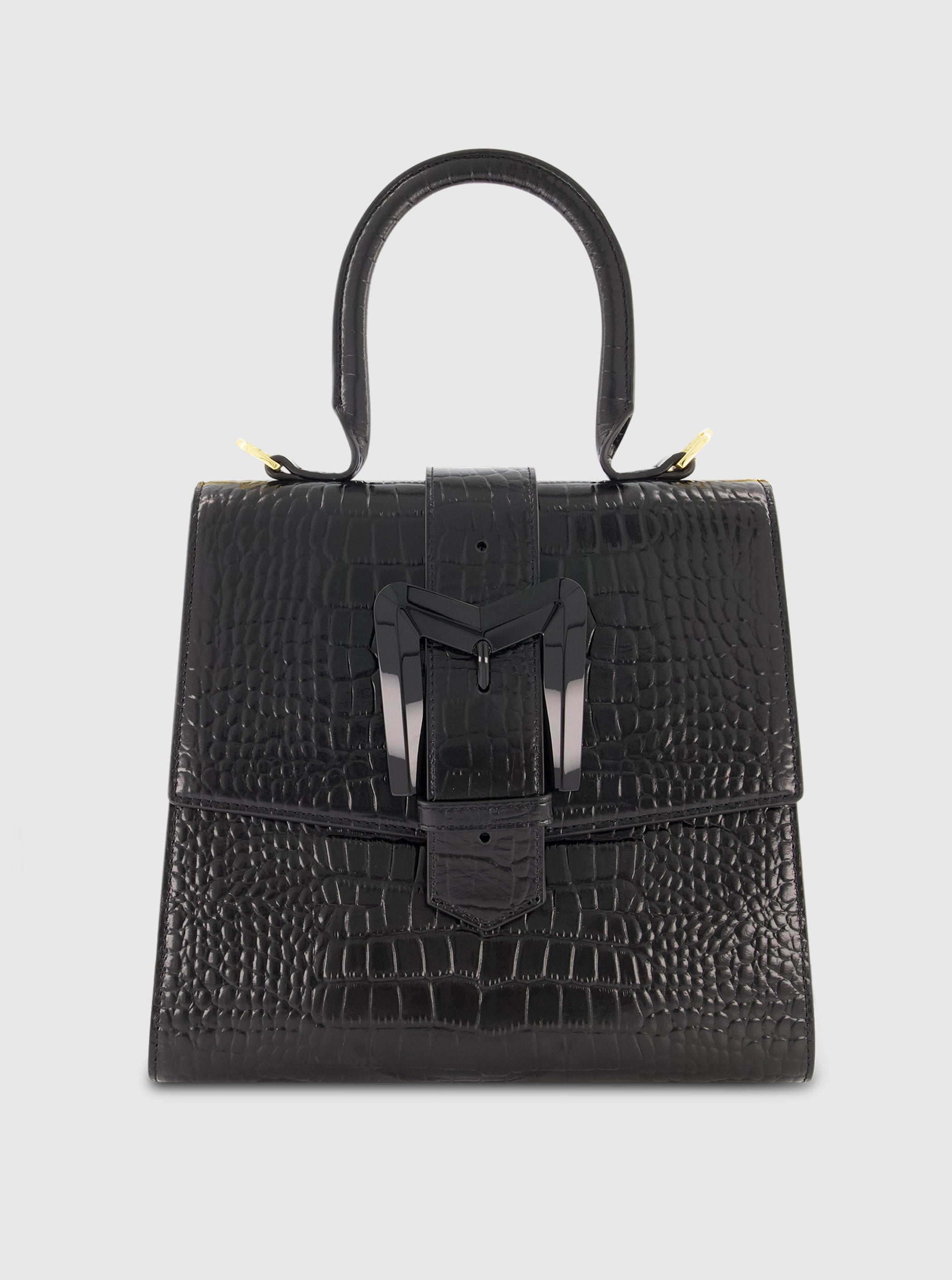 Buckled Medium Croco Black Leather Handbag with Detachable Strap