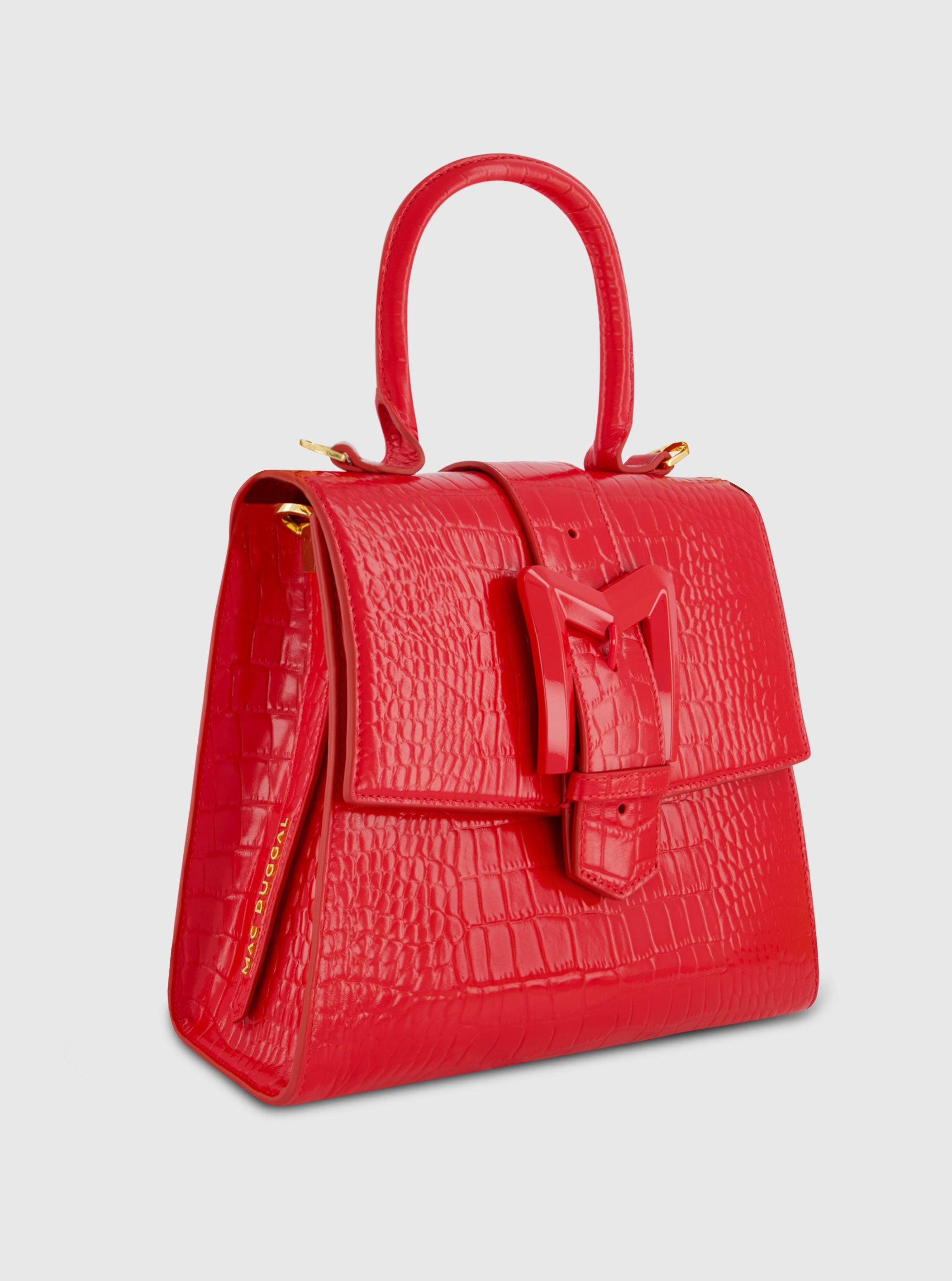 Buckled Medium Croco Cherry Leather Handbag with Detachable Strap