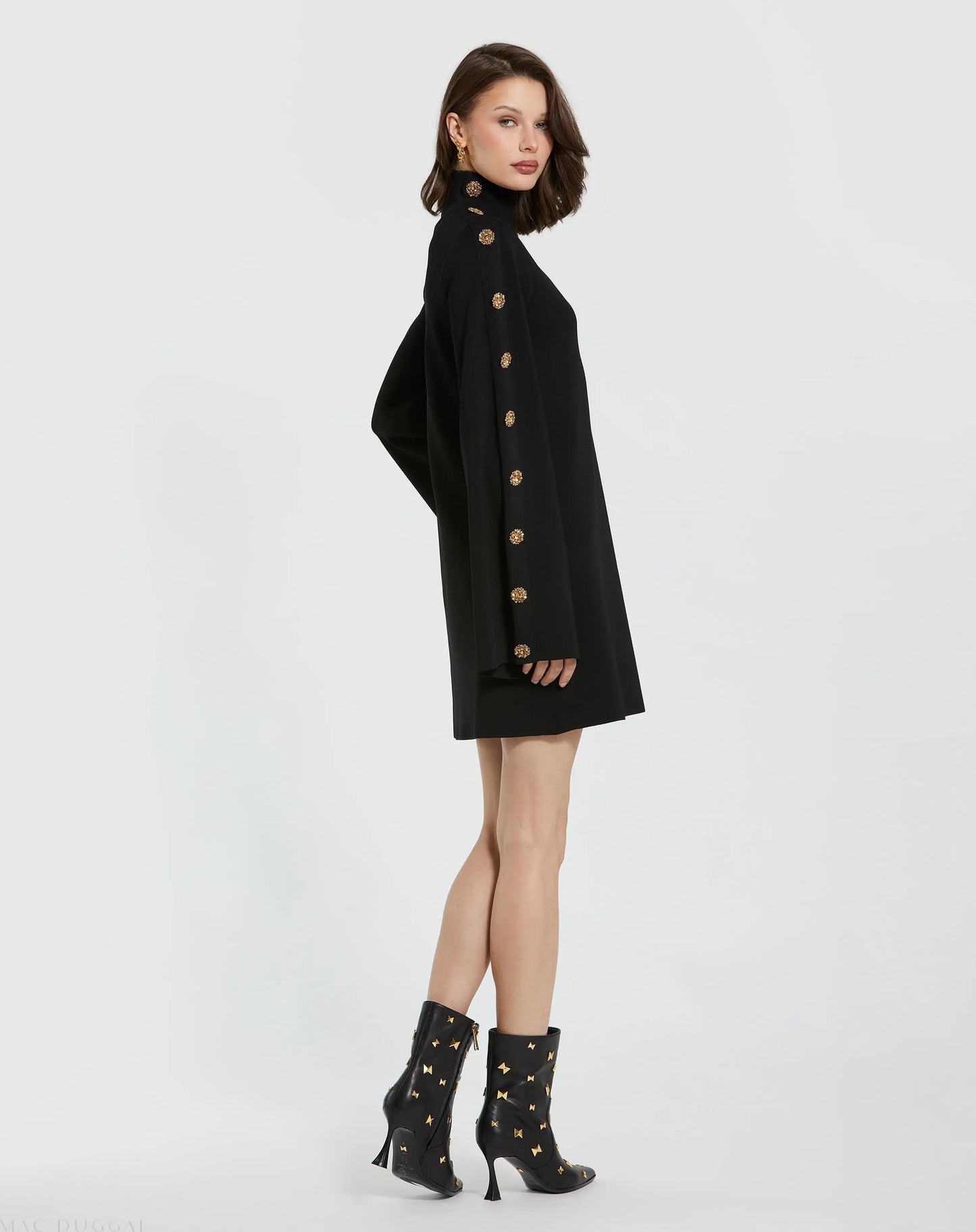 Black Long Sleeve Mini Knit Dress With Sleeve Detail - Mac Duggal