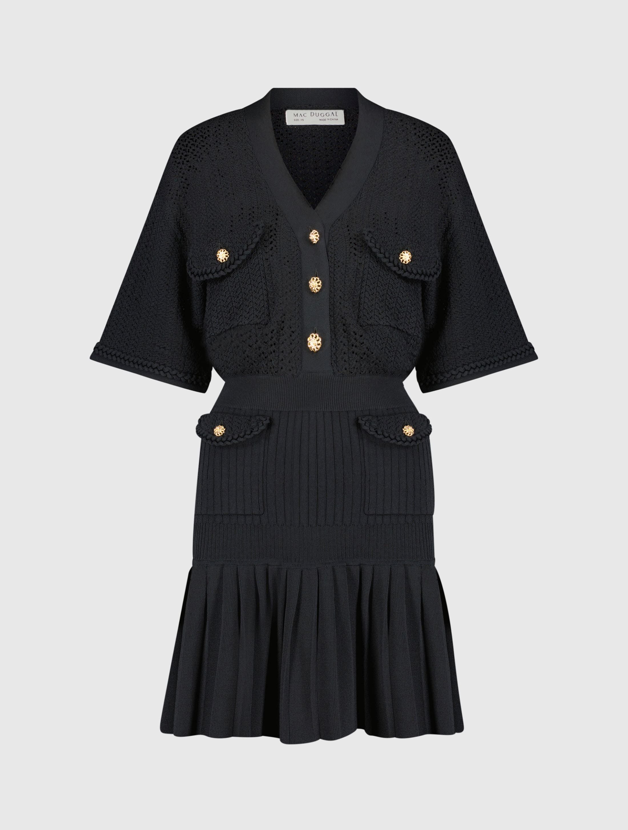 Short Sleeve Button Front Short Knit Dress with Pleated Hem