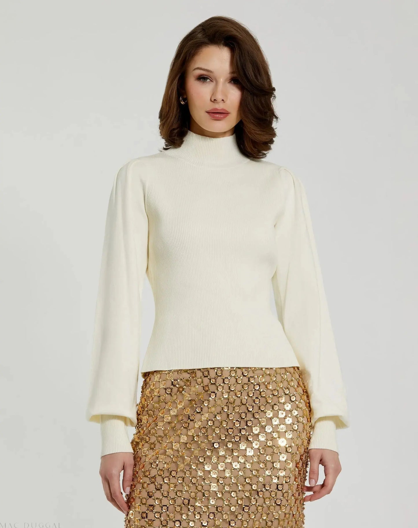 Ivory Ribbed Knit Balloon Sleeve Turtle Neck Sweater - FINAL SALE - Mac Duggal